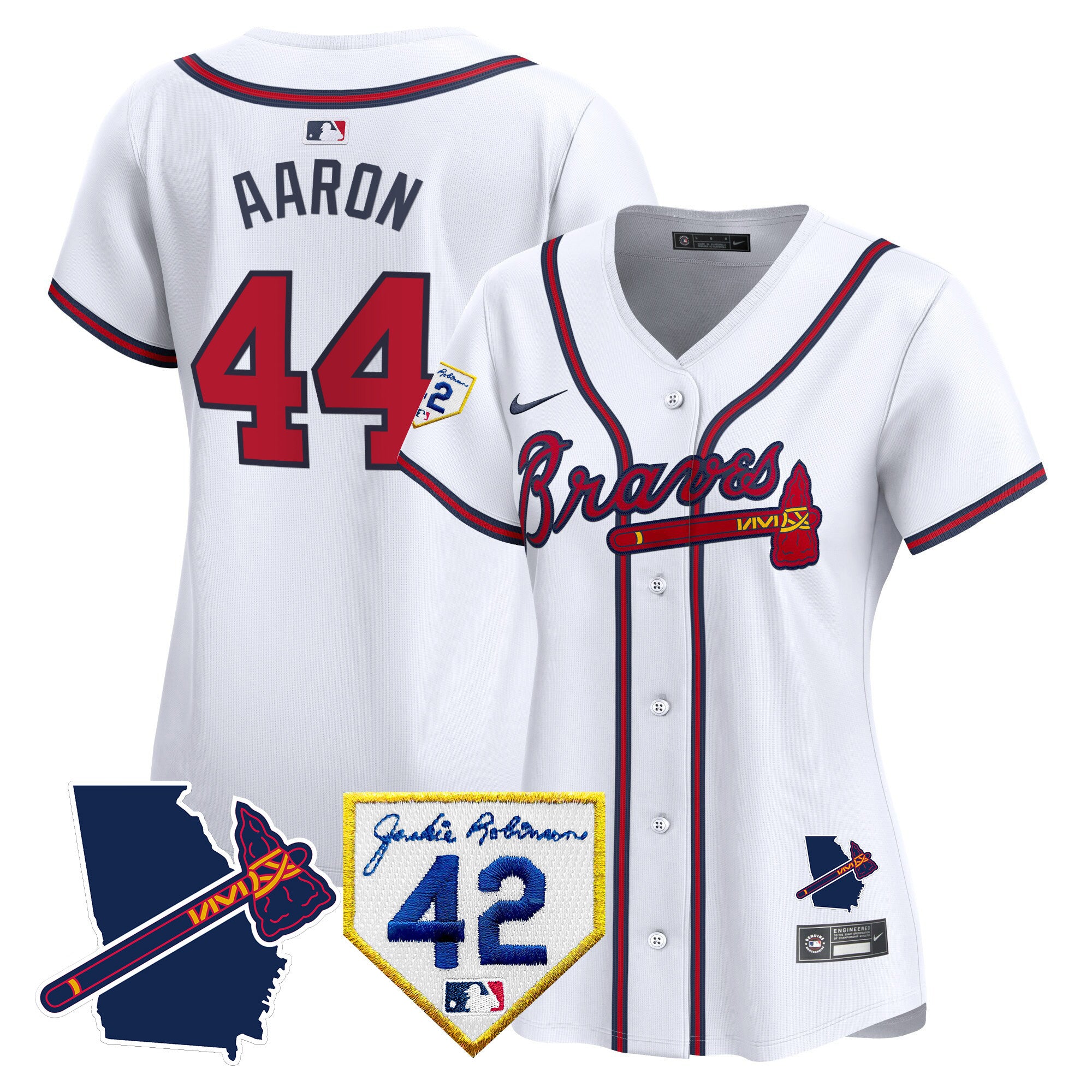 Women's Atlanta Braves 2024 Robinson & Georgia Patch Vapor Premier Limited Jersey - All Stitched - White, Hank Aaron