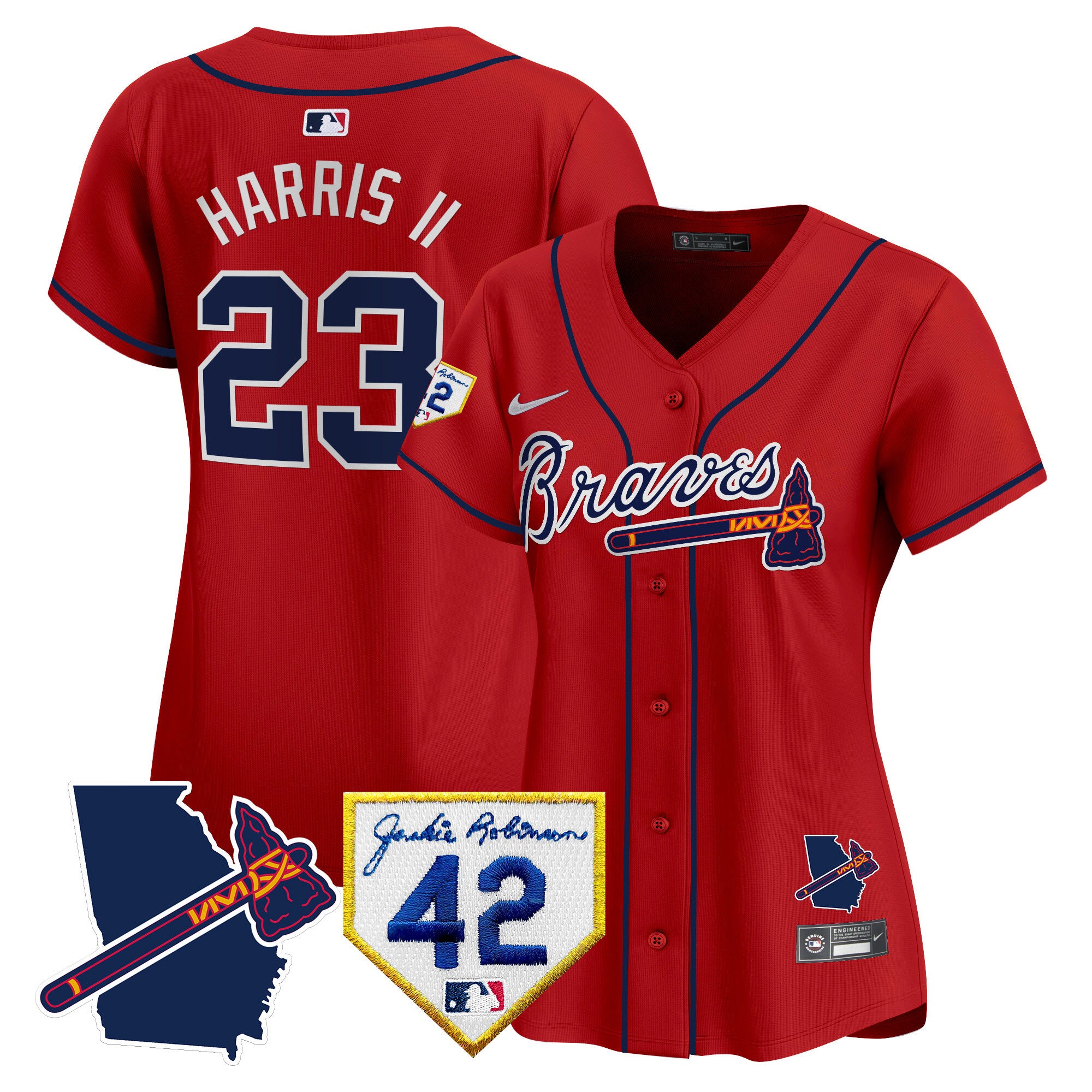 Women's Atlanta Braves 2024 Robinson & Georgia Patch Vapor Premier Limited Jersey - All Stitched - Red, Michael Harris II