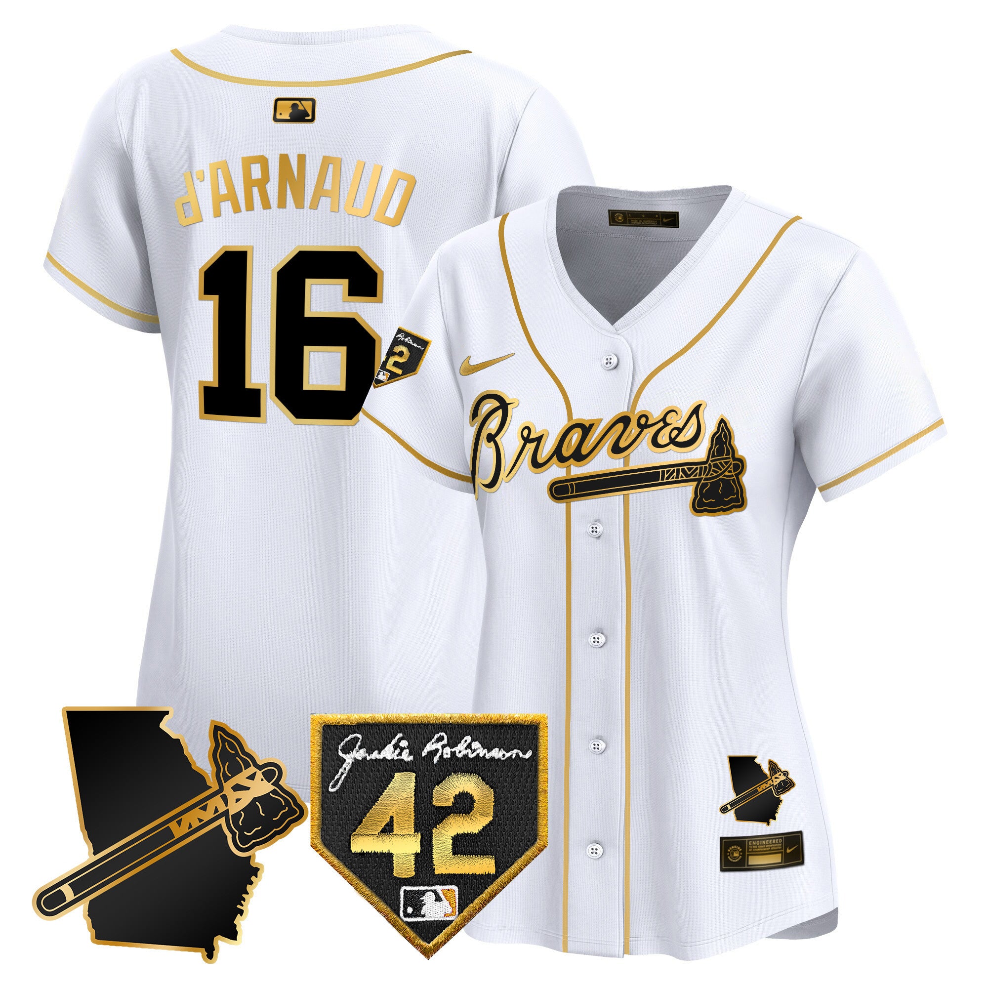 Women's Atlanta Braves 2024 Robinson & Georgia Patch Vapor Premier Limited Jersey - All Stitched - White Gold, Travis D'Arnaud