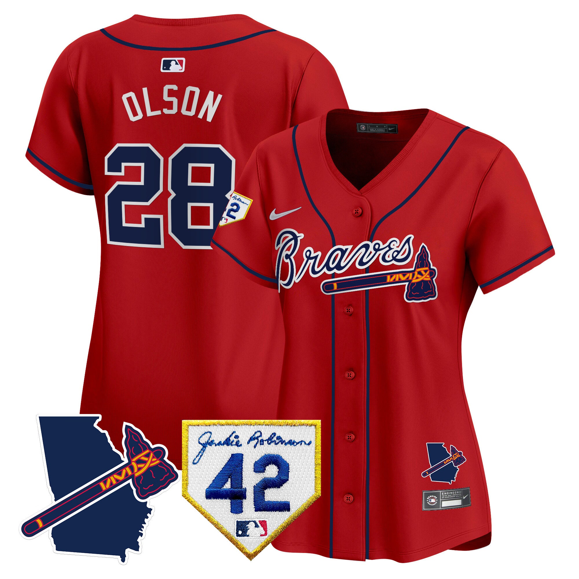 Women's Atlanta Braves 2024 Robinson & Georgia Patch Vapor Premier Limited Jersey - All Stitched - Red, Matt Olson
