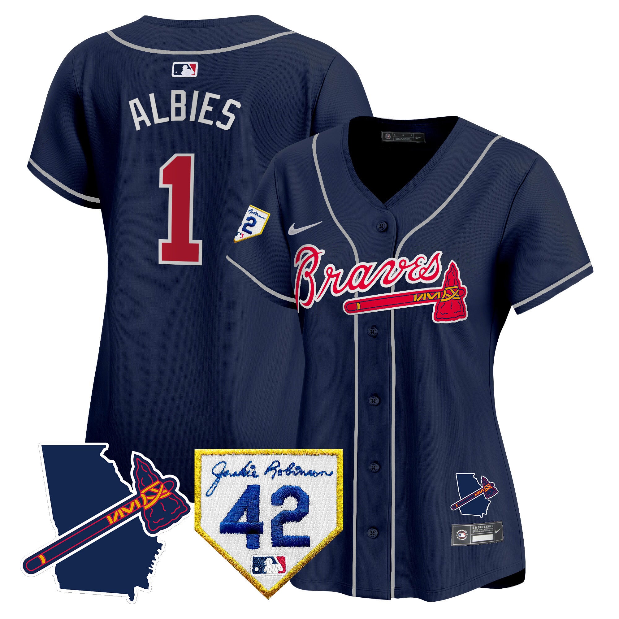 Women's Atlanta Braves 2024 Robinson & Georgia Patch Vapor Premier Limited Jersey - All Stitched - Navy, Ozzie Albies