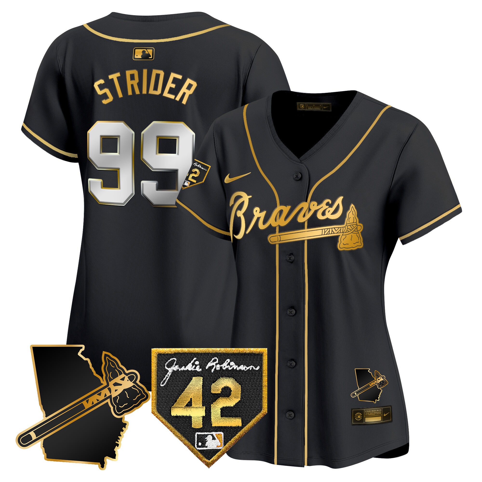 Women's Atlanta Braves 2024 Robinson & Georgia Patch Vapor Premier Limited Jersey - All Stitched - Black Gold, Spencer Strider