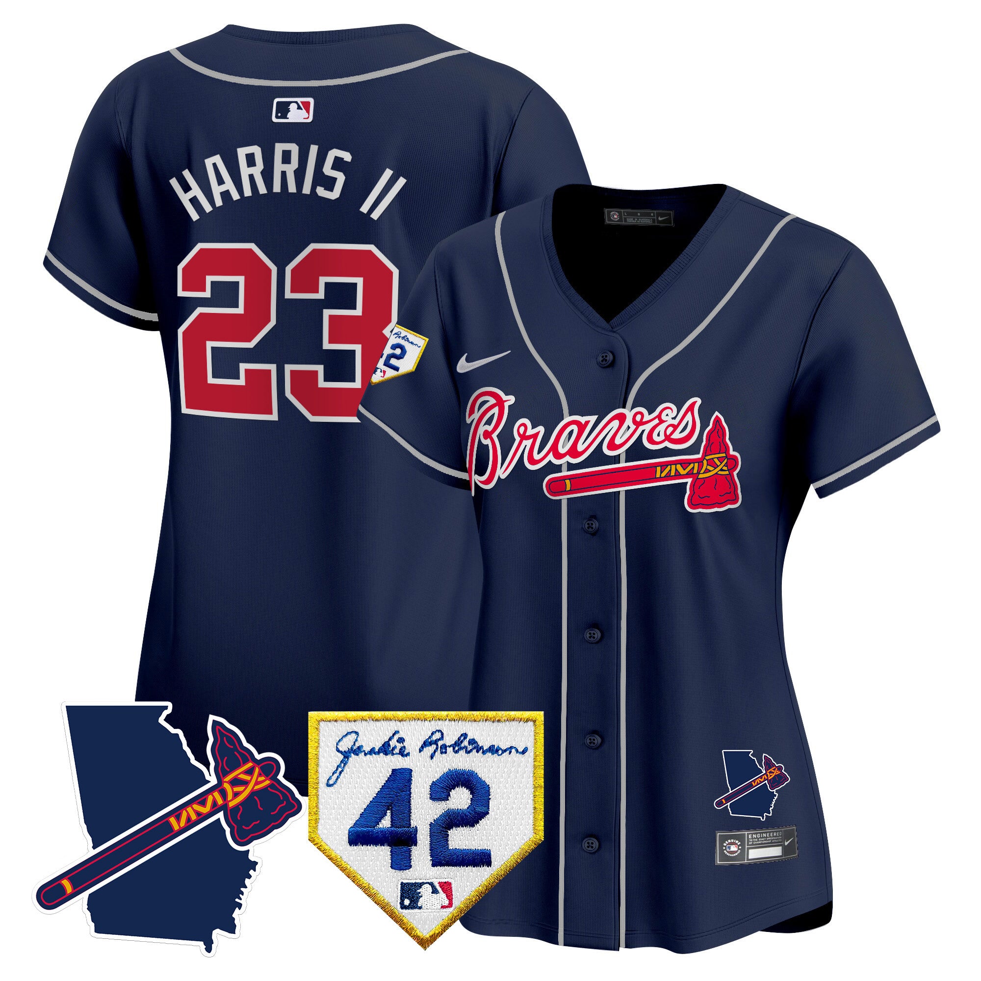 Women's Atlanta Braves 2024 Robinson & Georgia Patch Vapor Premier Limited Jersey - All Stitched - Navy, Michael Harris II