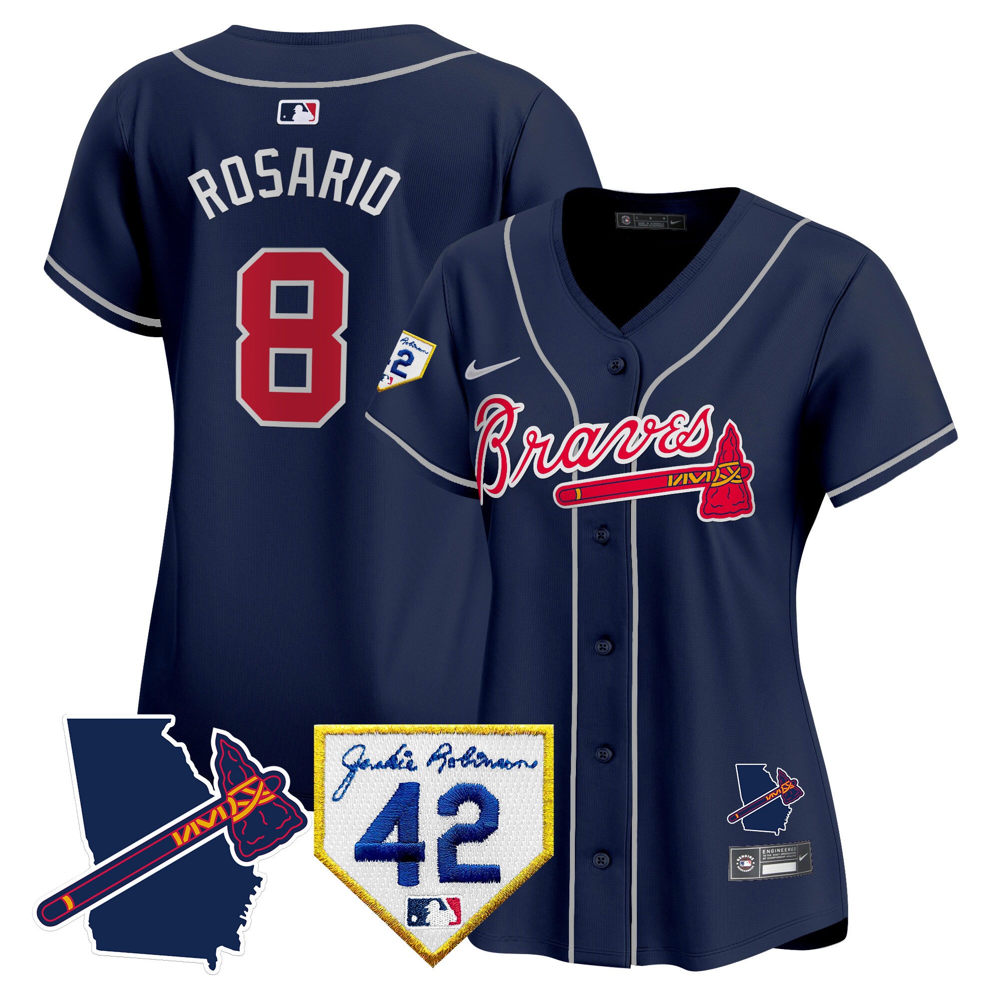 Women's Atlanta Braves 2024 Robinson & Georgia Patch Vapor Premier Limited Jersey - All Stitched - Navy, Eddie Rosario