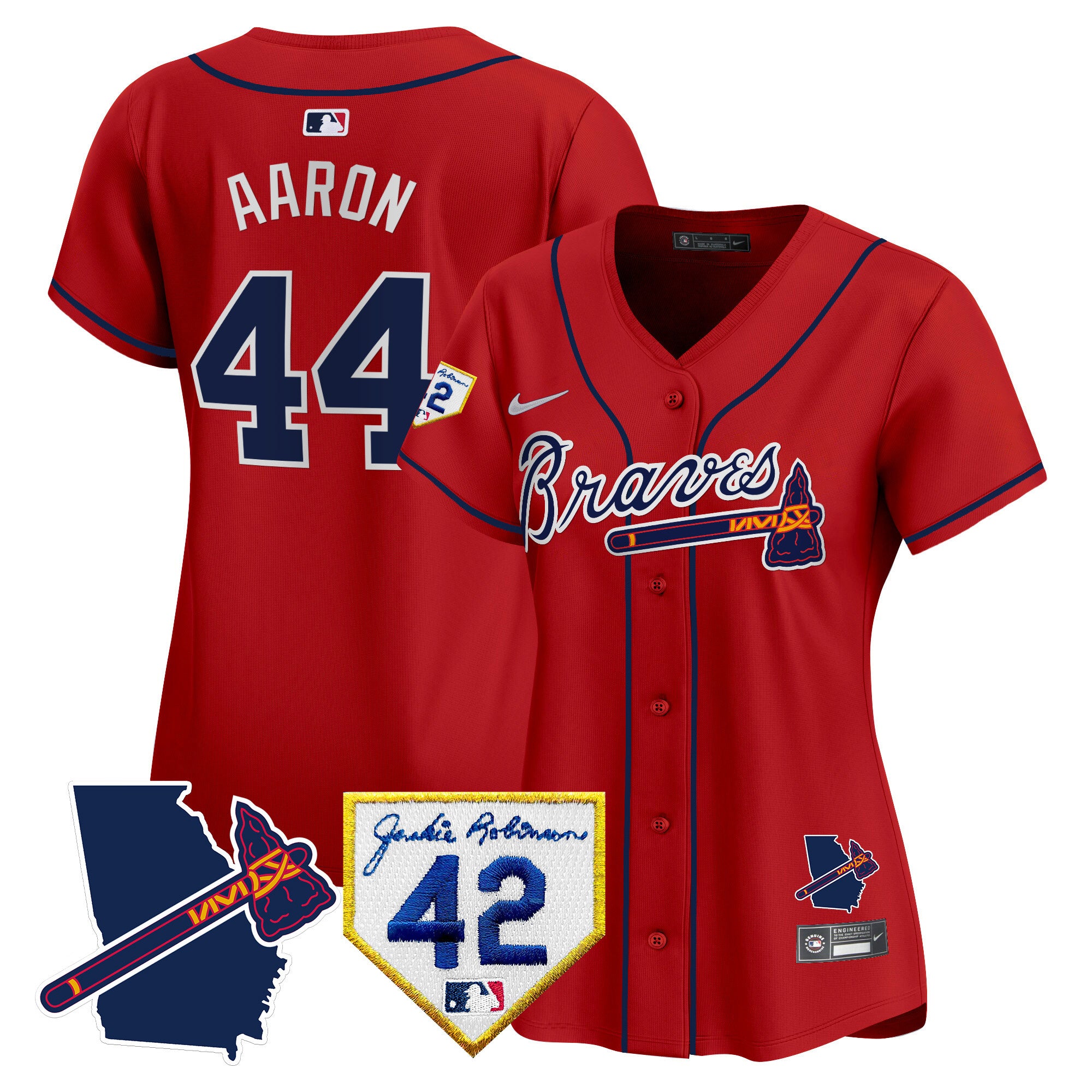Women's Atlanta Braves 2024 Robinson & Georgia Patch Vapor Premier Limited Jersey - All Stitched - Red, Hank Aaron