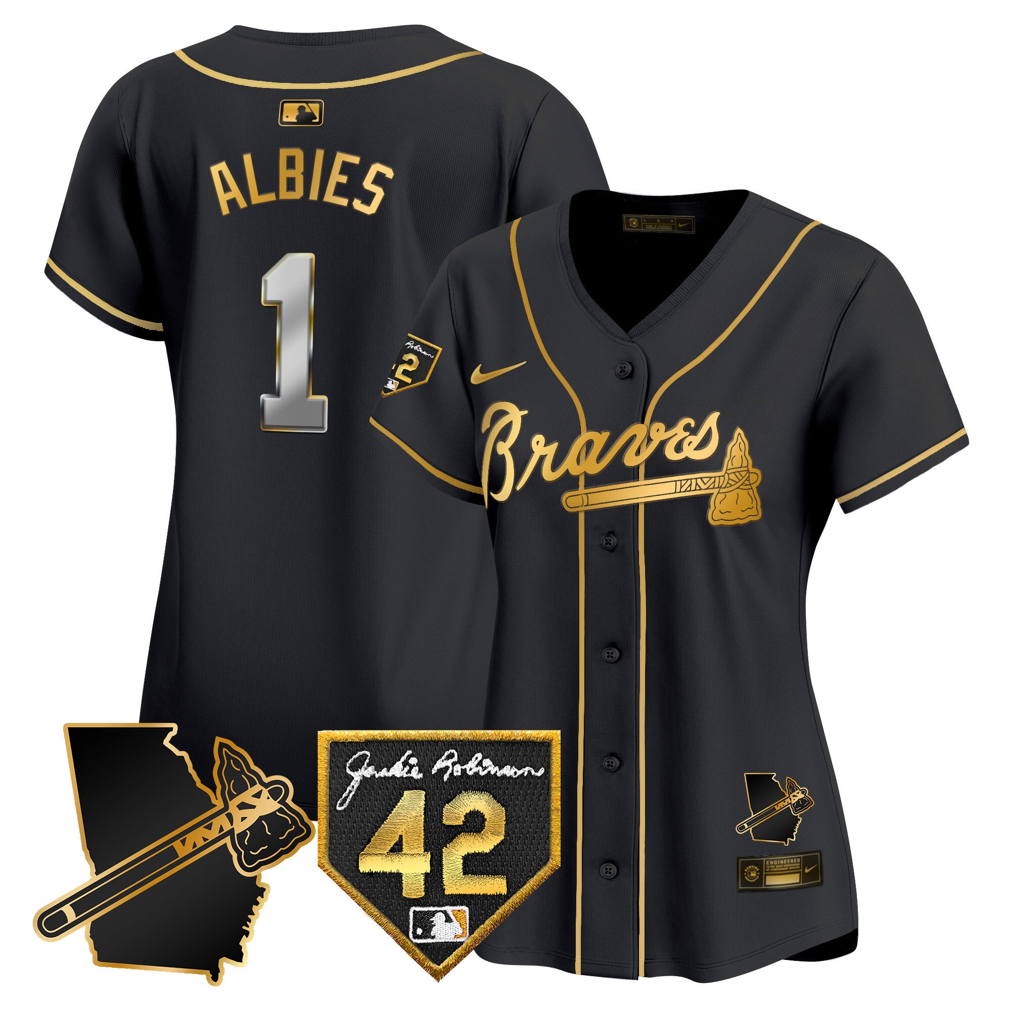 Women's Atlanta Braves 2024 Robinson & Georgia Patch Vapor Premier Limited Jersey - All Stitched - Black Gold, Ozzie Albies
