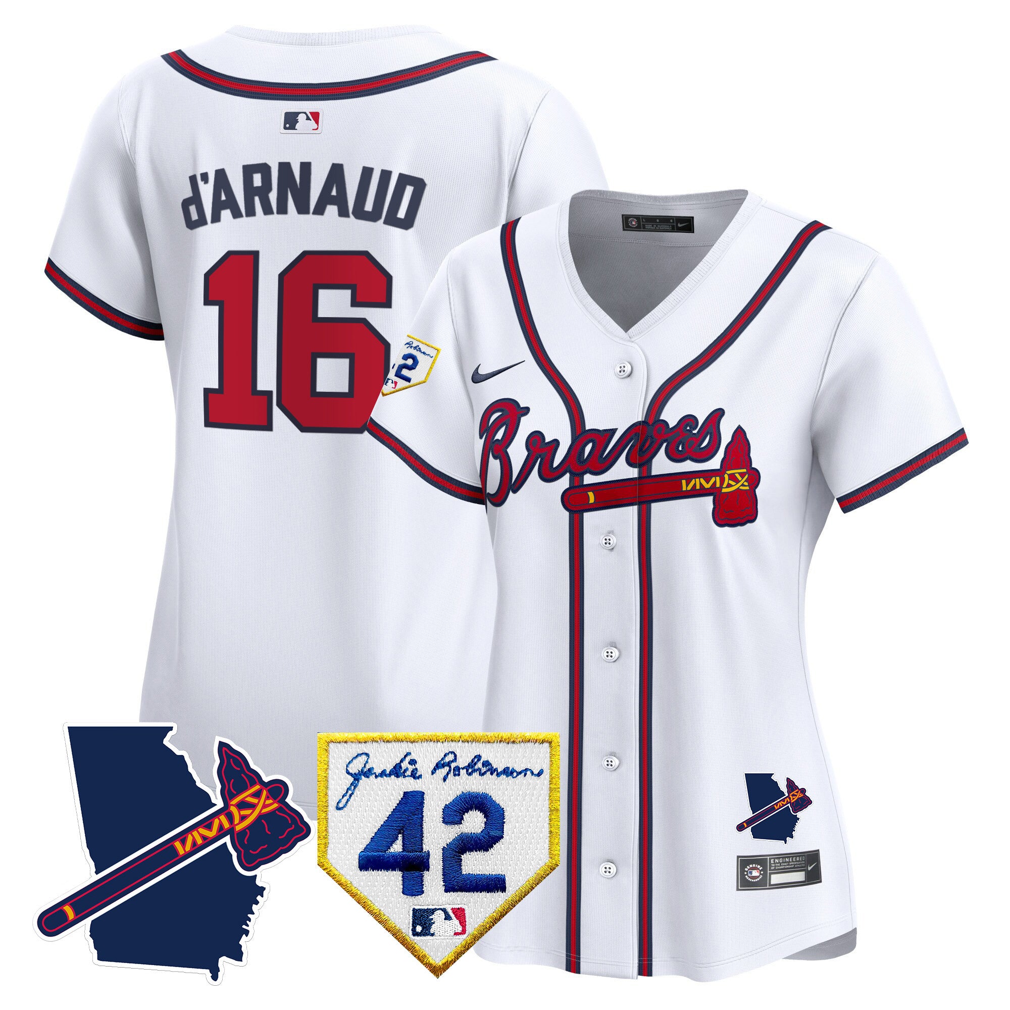 Women's Atlanta Braves 2024 Robinson & Georgia Patch Vapor Premier Limited Jersey - All Stitched - White, Travis D'Arnaud
