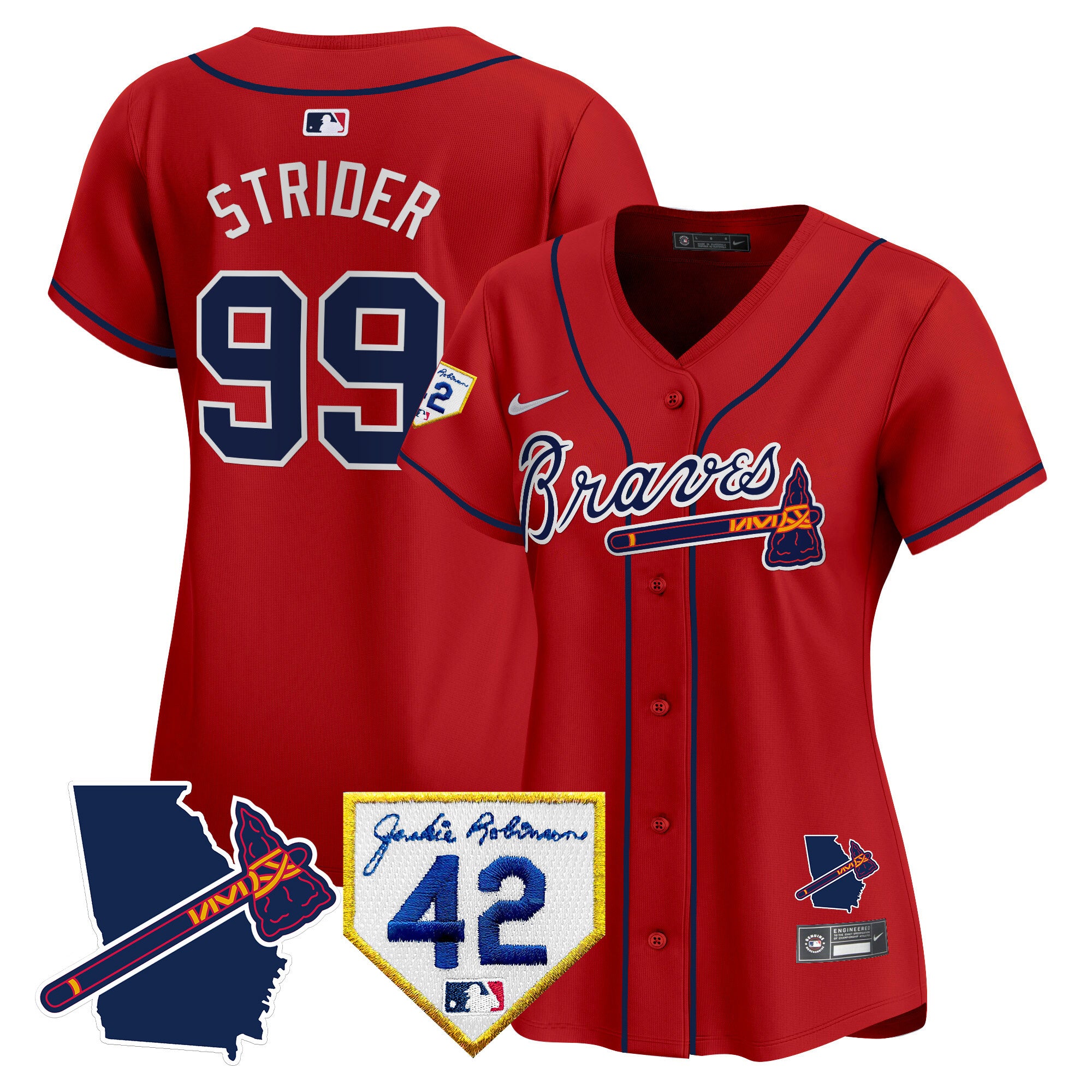 Women's Atlanta Braves 2024 Robinson & Georgia Patch Vapor Premier Limited Jersey - All Stitched - Red, Spencer Strider