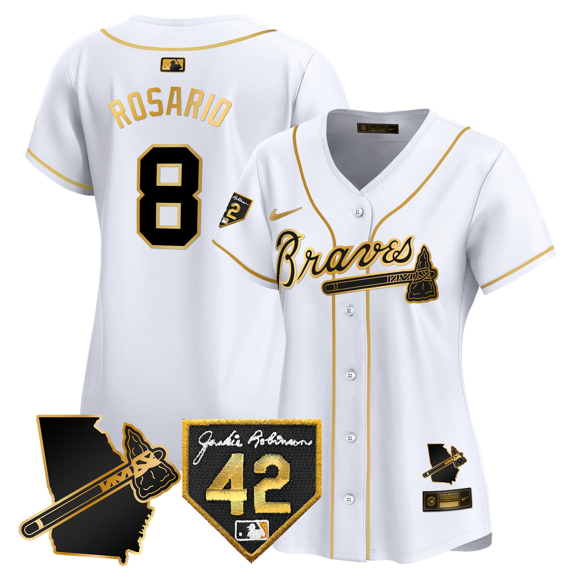 Women's Atlanta Braves 2024 Robinson & Georgia Patch Vapor Premier Limited Jersey - All Stitched - White Gold, Eddie Rosario