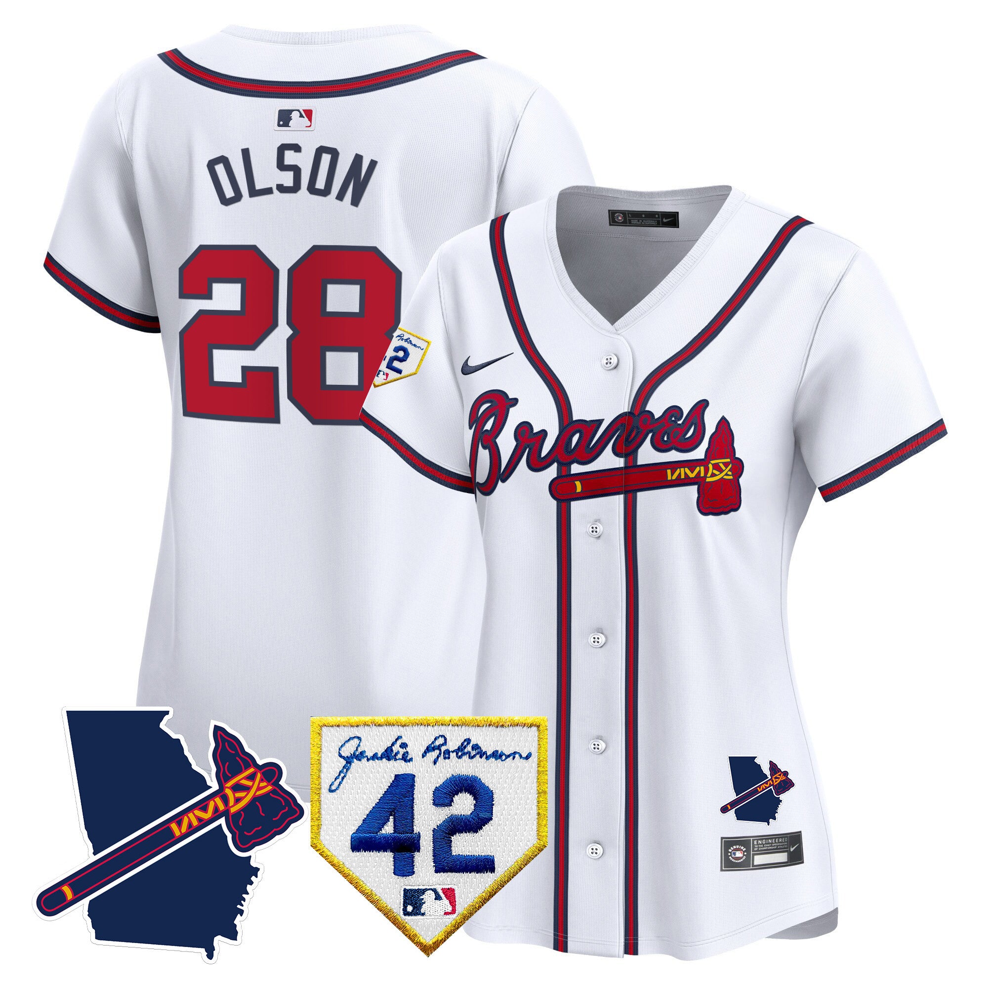 Women's Atlanta Braves 2024 Robinson & Georgia Patch Vapor Premier Limited Jersey - All Stitched - White, Matt Olson