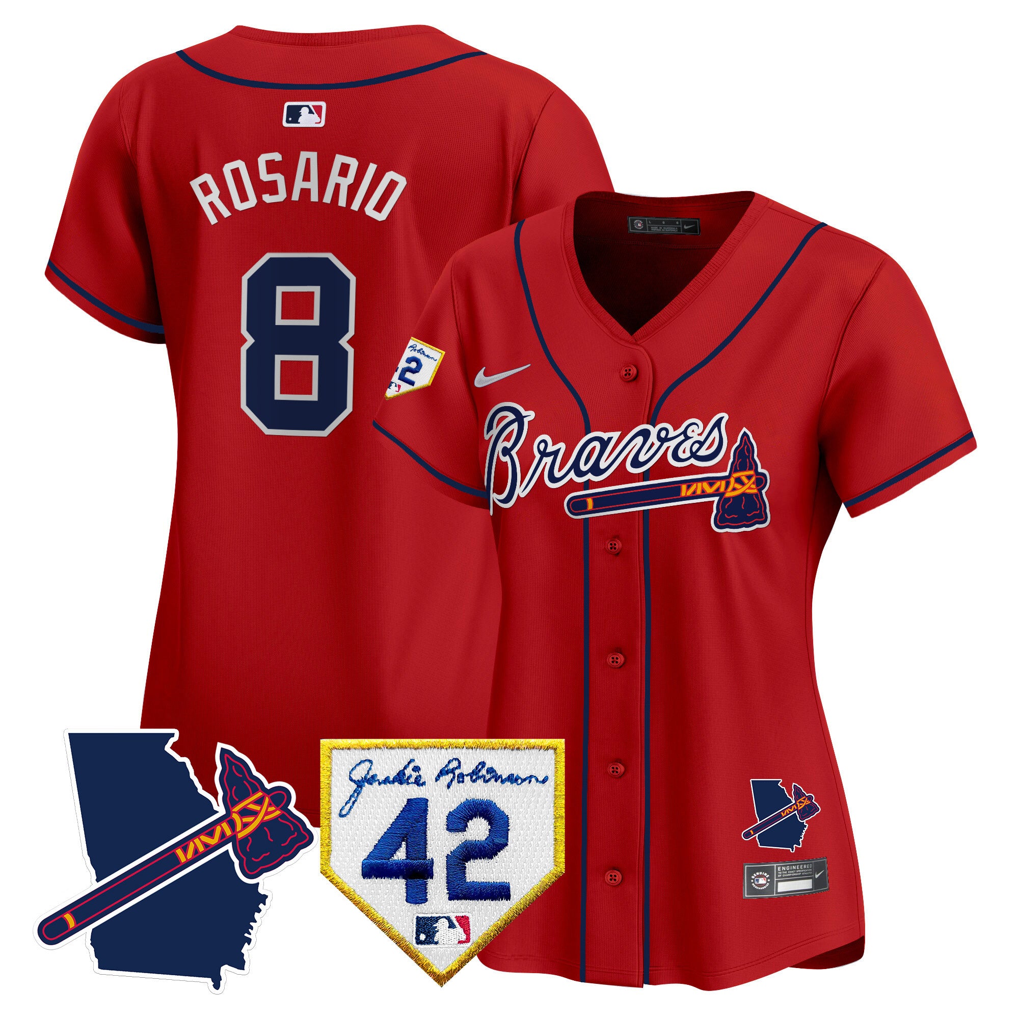 Women's Atlanta Braves 2024 Robinson & Georgia Patch Vapor Premier Limited Jersey - All Stitched - Red, Eddie Rosario