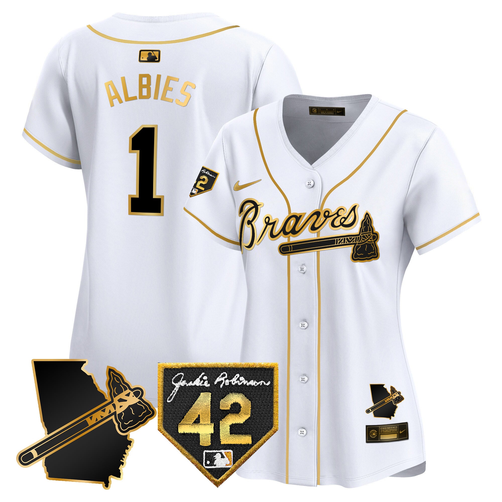 Women's Atlanta Braves 2024 Robinson & Georgia Patch Vapor Premier Limited Jersey - All Stitched - White Gold, Ozzie Albies