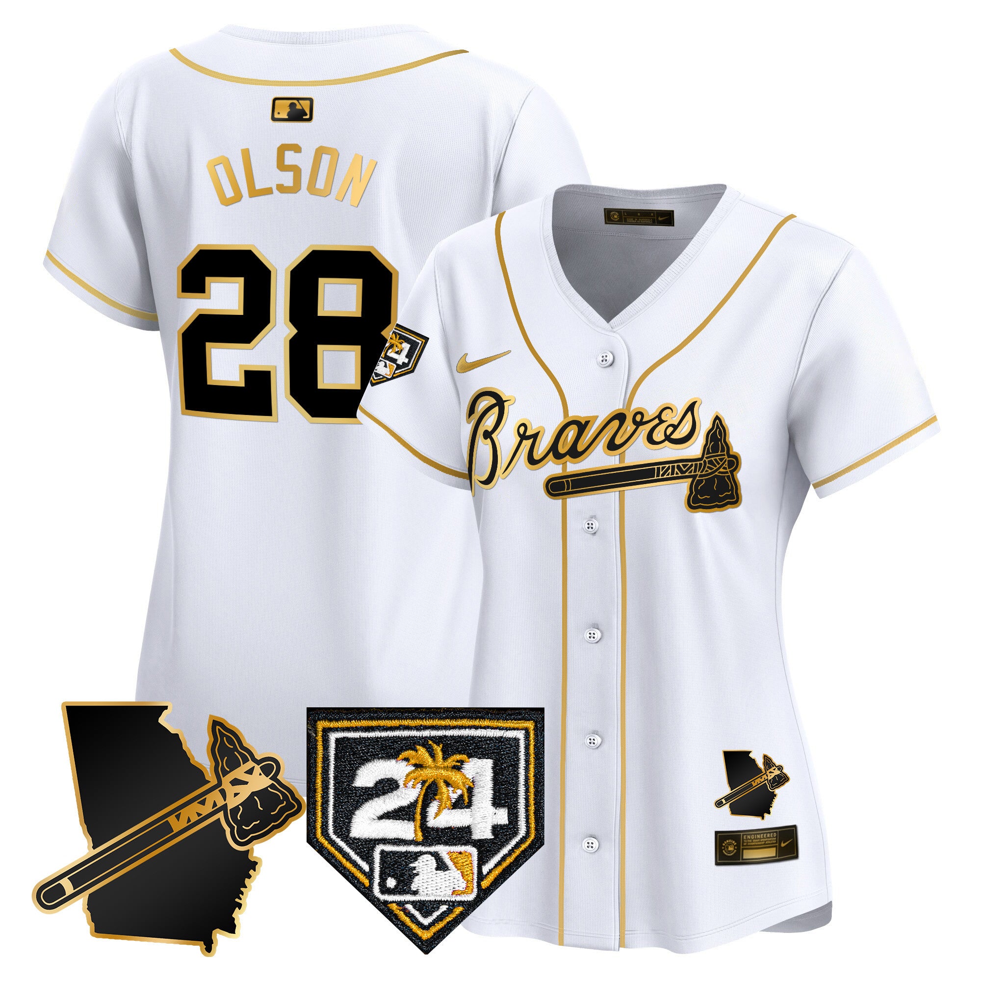Women's Atlanta Braves 2024 Spring Training & Georgia Patch Vapor Premier Limited Jersey - All Stitched - White Gold, Matt Olson