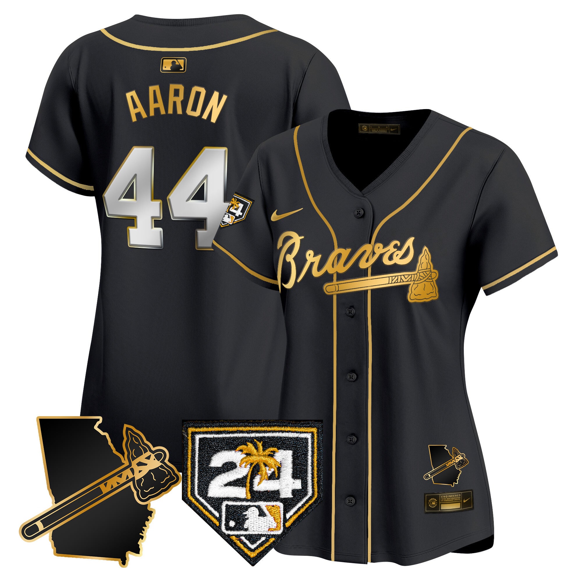 Women's Atlanta Braves 2024 Spring Training & Georgia Patch Vapor Premier Limited Jersey - All Stitched - Black Gold, Hank Aaron