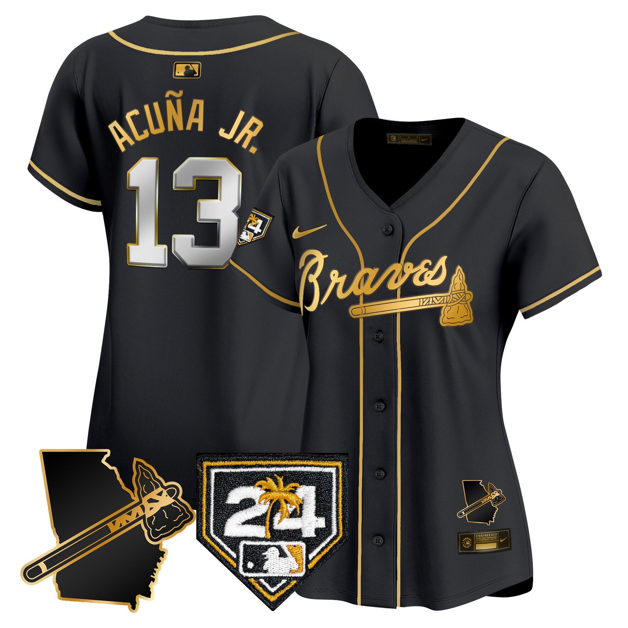 Women's Atlanta Braves 2024 Spring Training & Georgia Patch Vapor Premier Limited Jersey - All Stitched - Black Gold, Ronald Acuna Jr.
