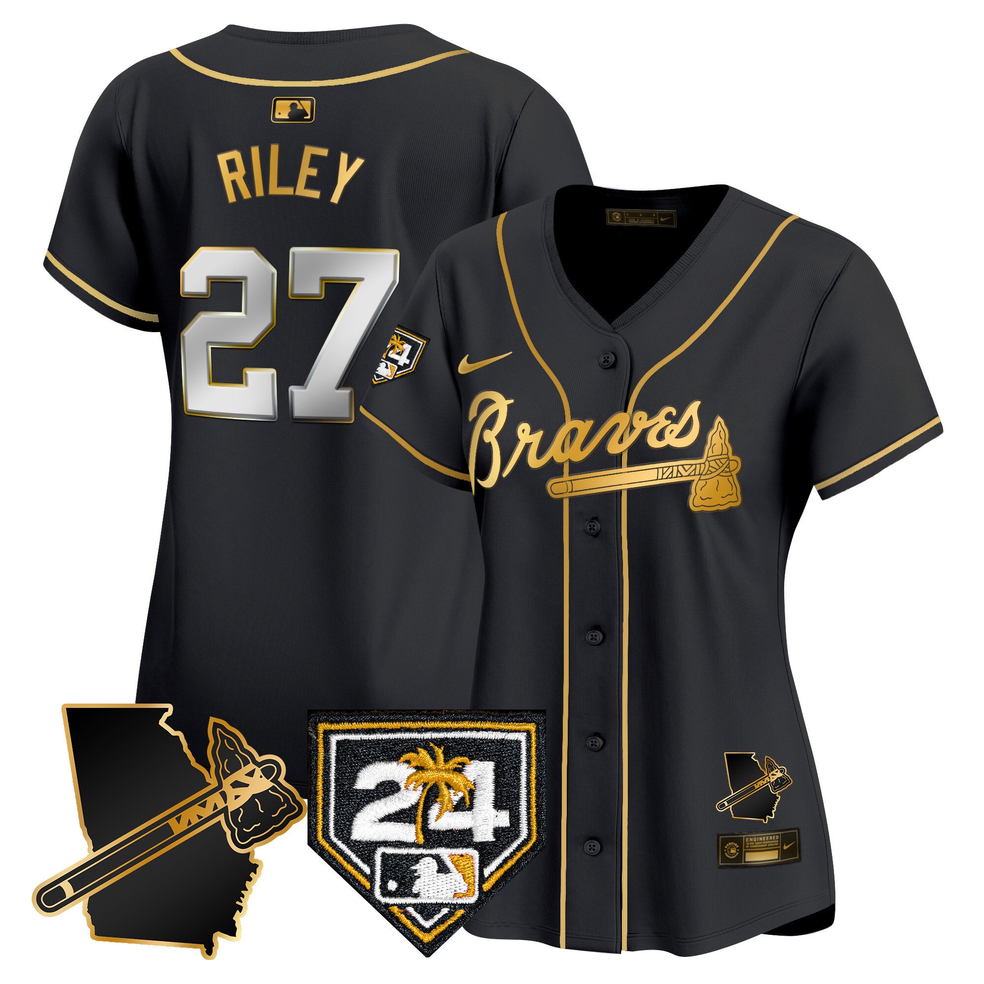 Women's Atlanta Braves 2024 Spring Training & Georgia Patch Vapor Premier Limited Jersey - All Stitched - Black Gold, Austin Riley