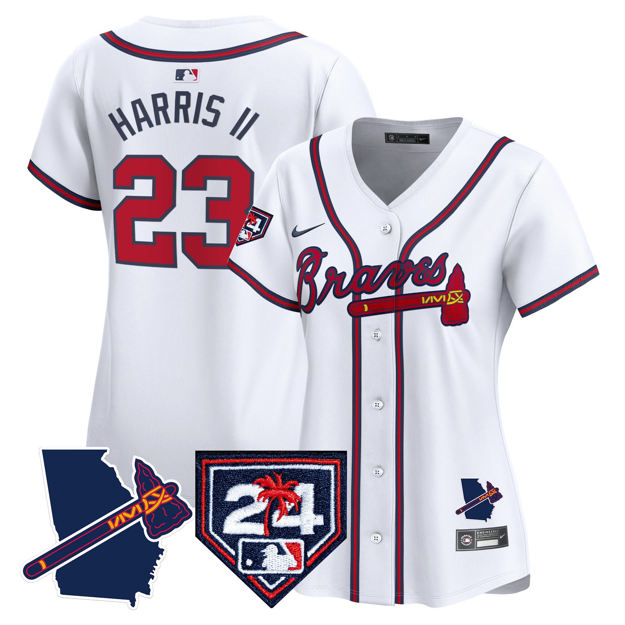Women's Atlanta Braves 2024 Spring Training & Georgia Patch Vapor Premier Limited Jersey - All Stitched - White, Michael Harris II