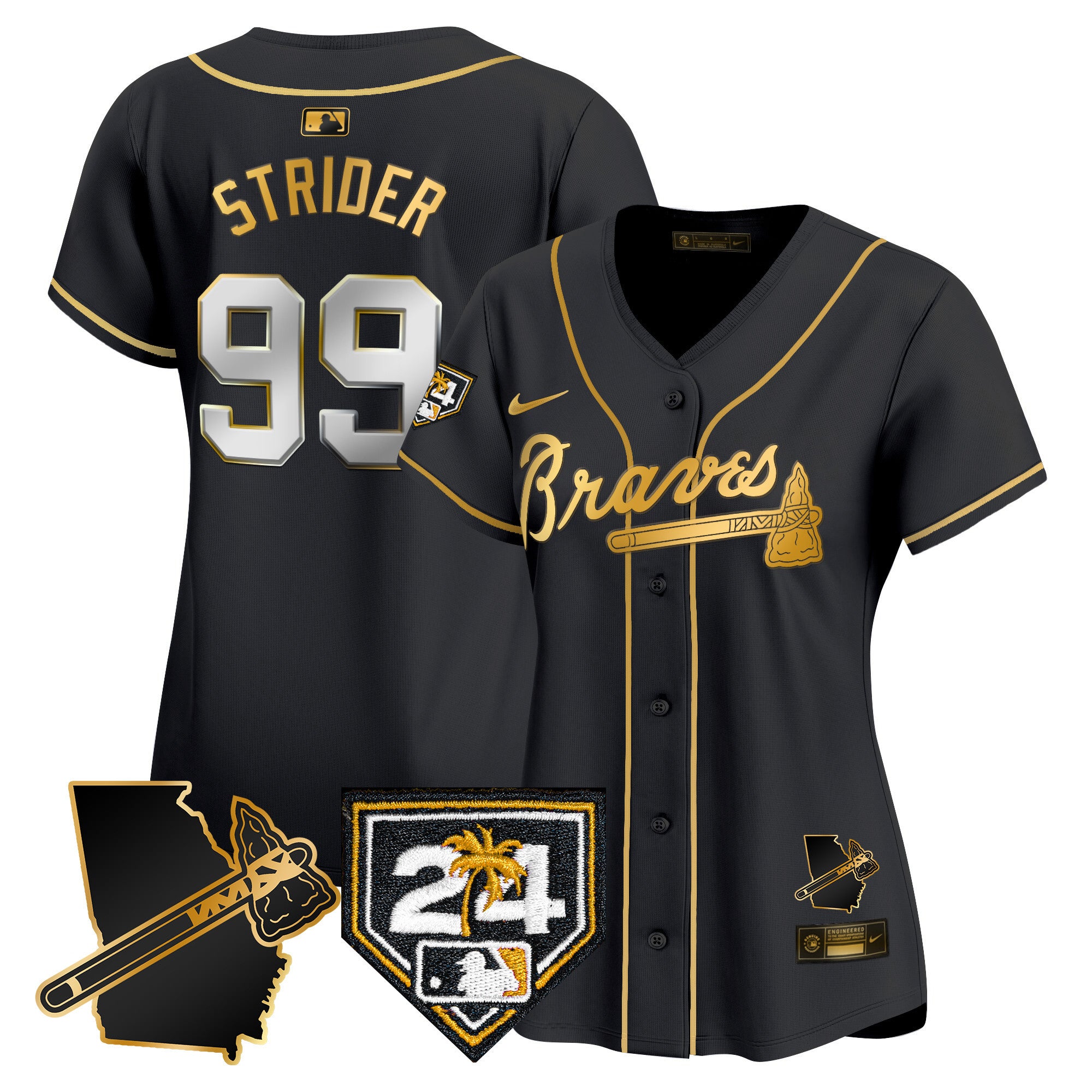 Women's Atlanta Braves 2024 Spring Training & Georgia Patch Vapor Premier Limited Jersey - All Stitched - Black Gold, Spencer Strider