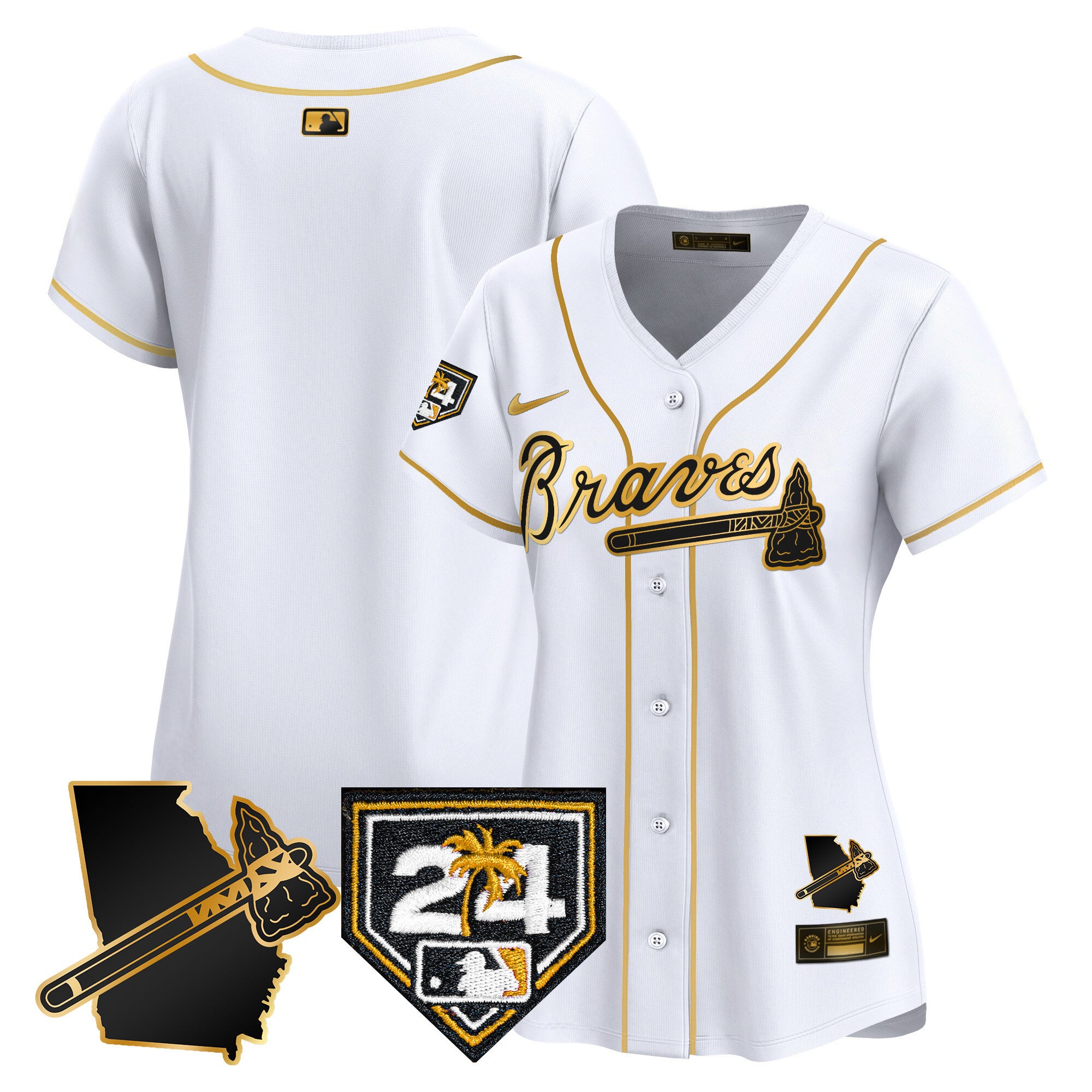 Women's Atlanta Braves 2024 Spring Training & Georgia Patch Vapor Premier Limited Jersey - All Stitched - White Gold, Team