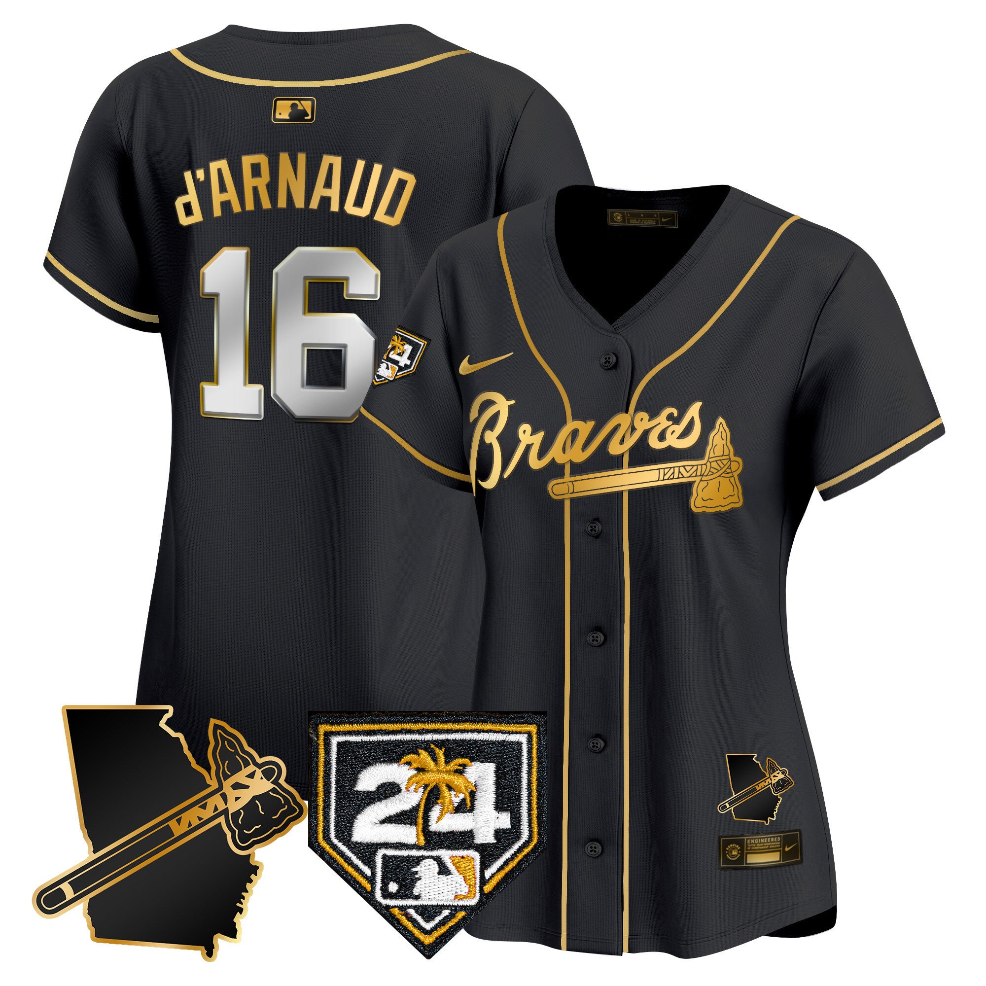 Women's Atlanta Braves 2024 Spring Training & Georgia Patch Vapor Premier Limited Jersey - All Stitched - Black Gold, Travis D'Arnaud