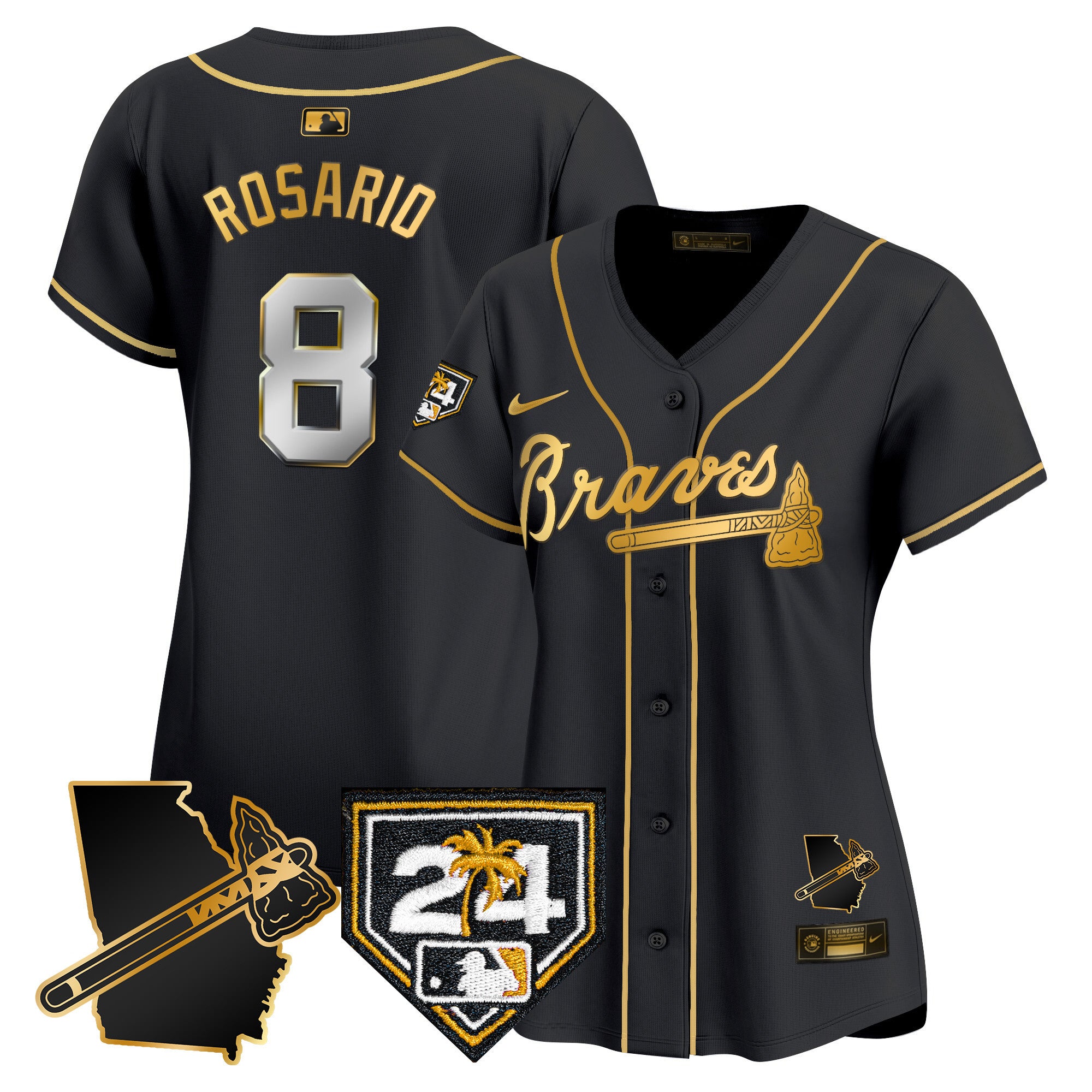 Women's Atlanta Braves 2024 Spring Training & Georgia Patch Vapor Premier Limited Jersey - All Stitched - Black Gold, Eddie Rosario