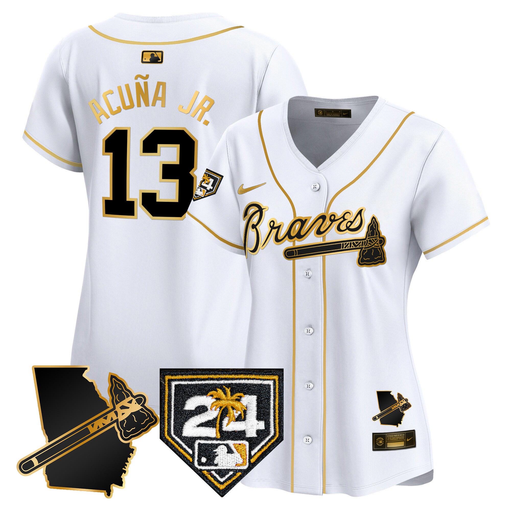 Women's Atlanta Braves 2024 Spring Training & Georgia Patch Vapor Premier Limited Jersey - All Stitched - White Gold, Ronald Acuna Jr.