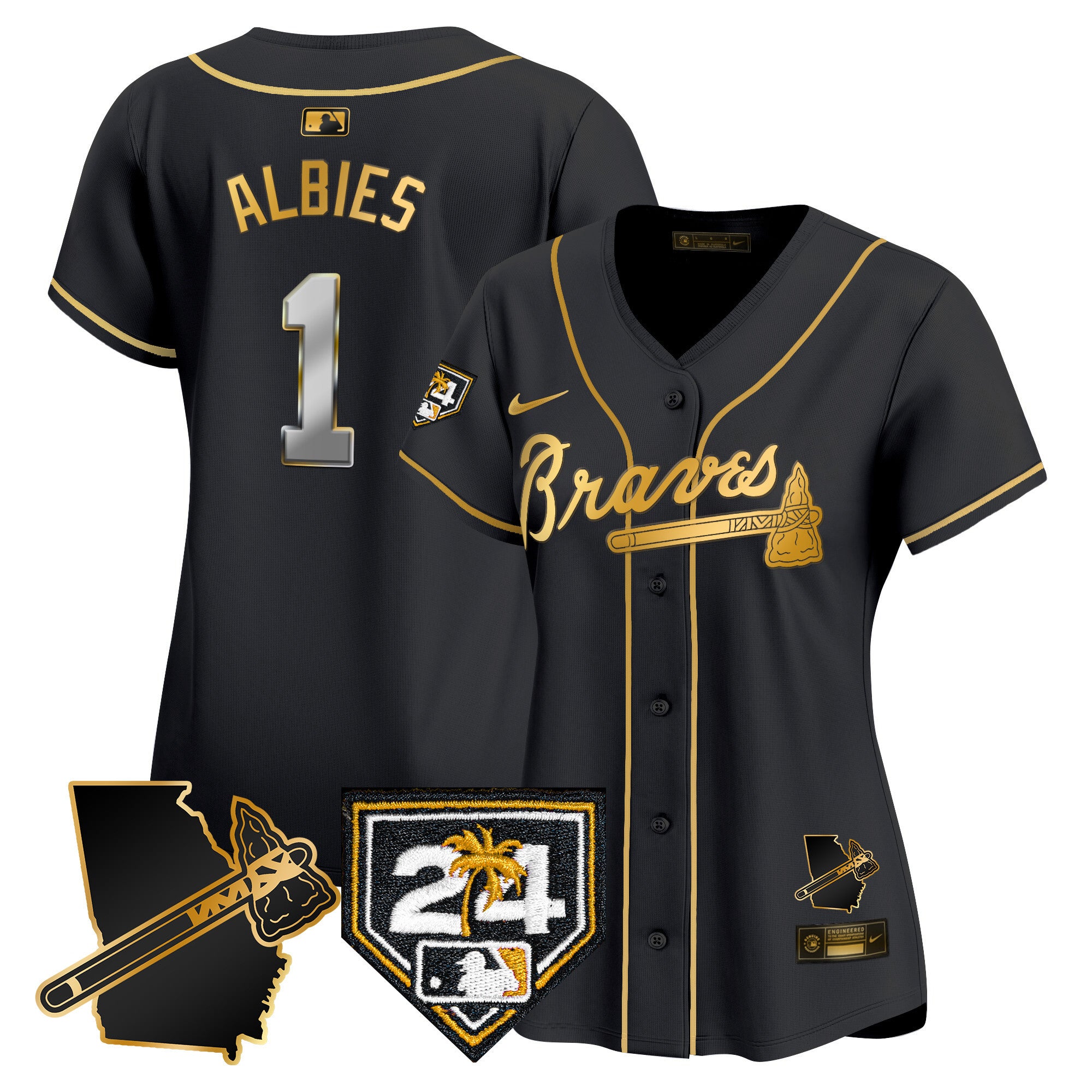 Women's Atlanta Braves 2024 Spring Training & Georgia Patch Vapor Premier Limited Jersey - All Stitched - Black Gold, Ozzie Albies