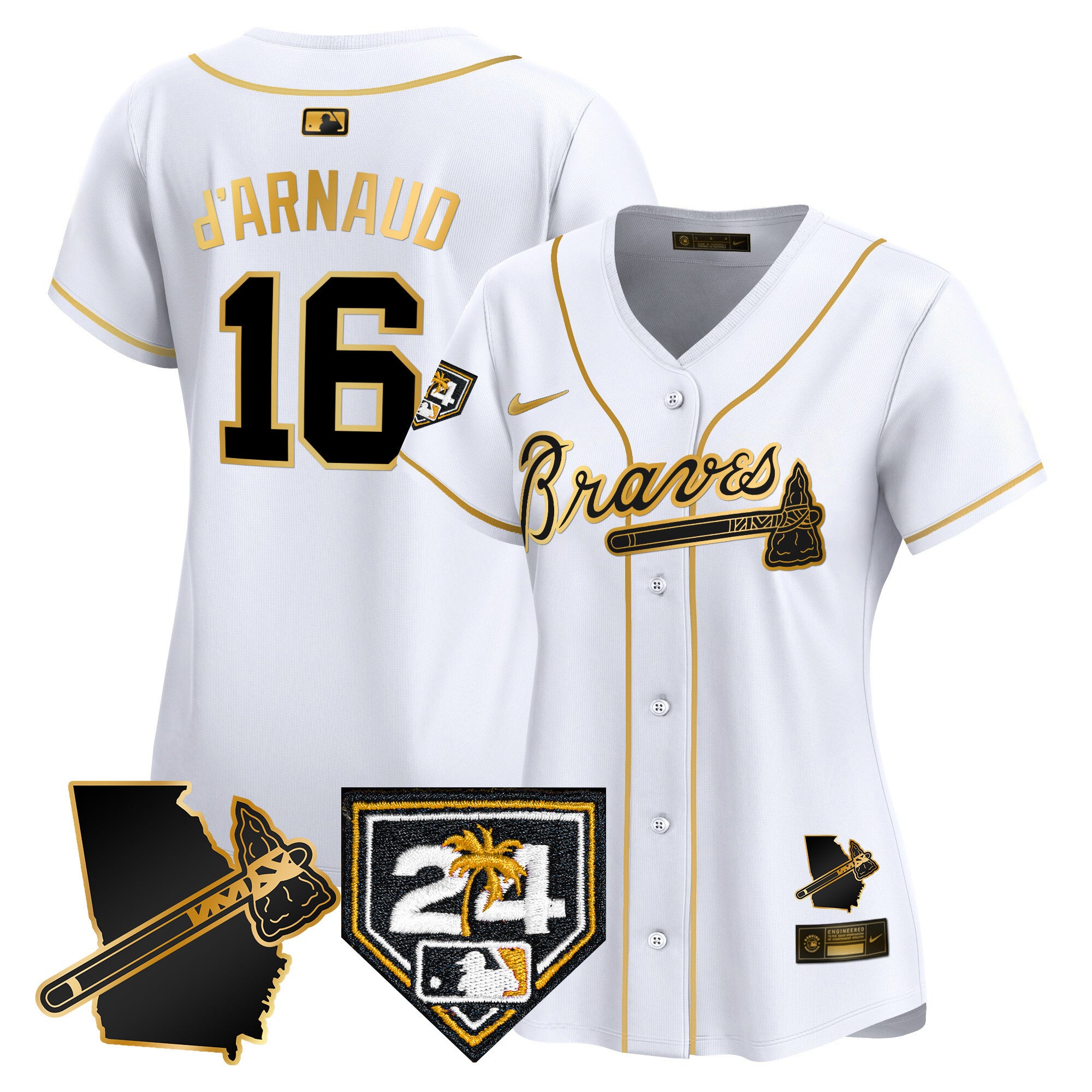Women's Atlanta Braves 2024 Spring Training & Georgia Patch Vapor Premier Limited Jersey - All Stitched - White Gold, Travis D'Arnaud