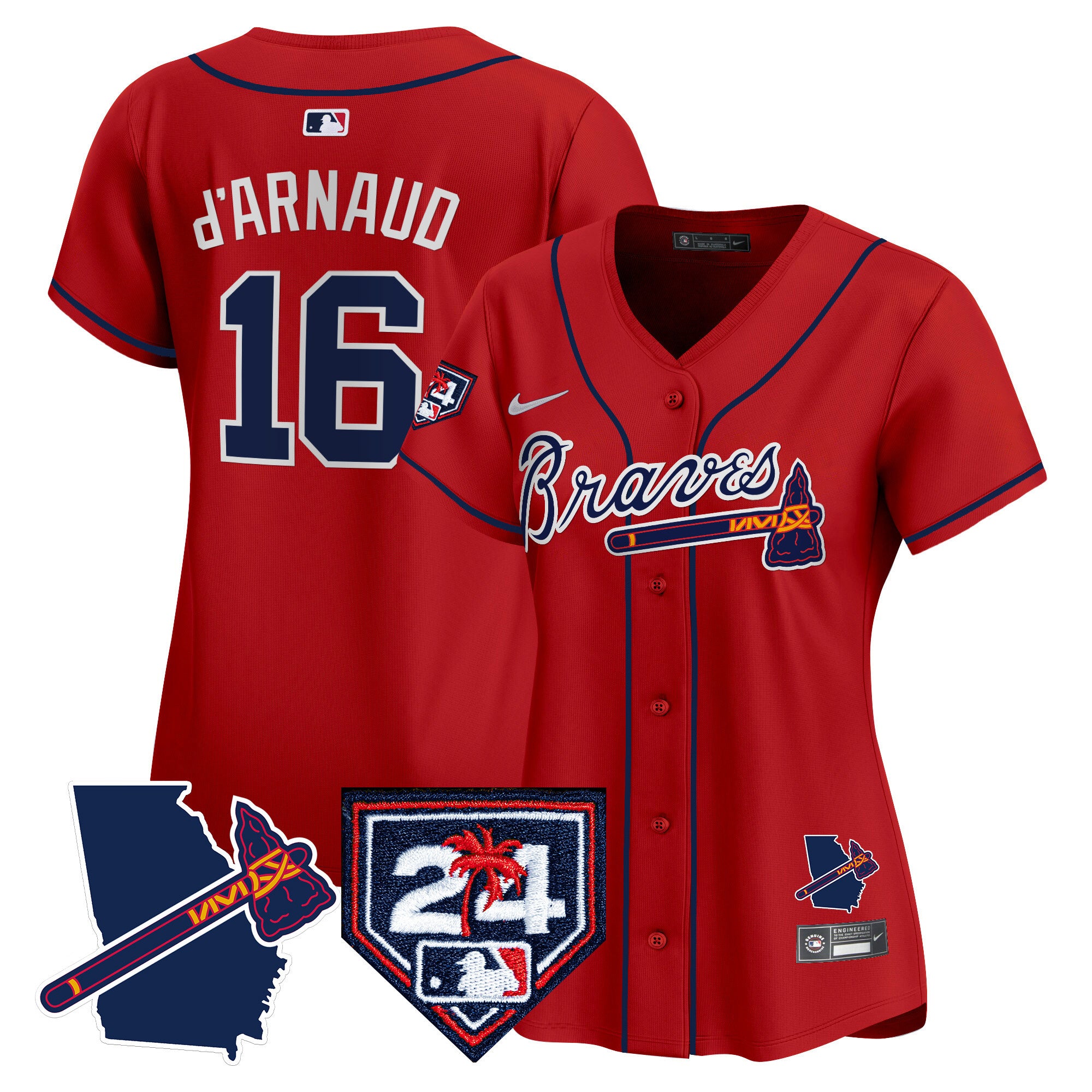 Women's Atlanta Braves 2024 Spring Training & Georgia Patch Vapor Premier Limited Jersey - All Stitched - Red, Travis D'Arnaud