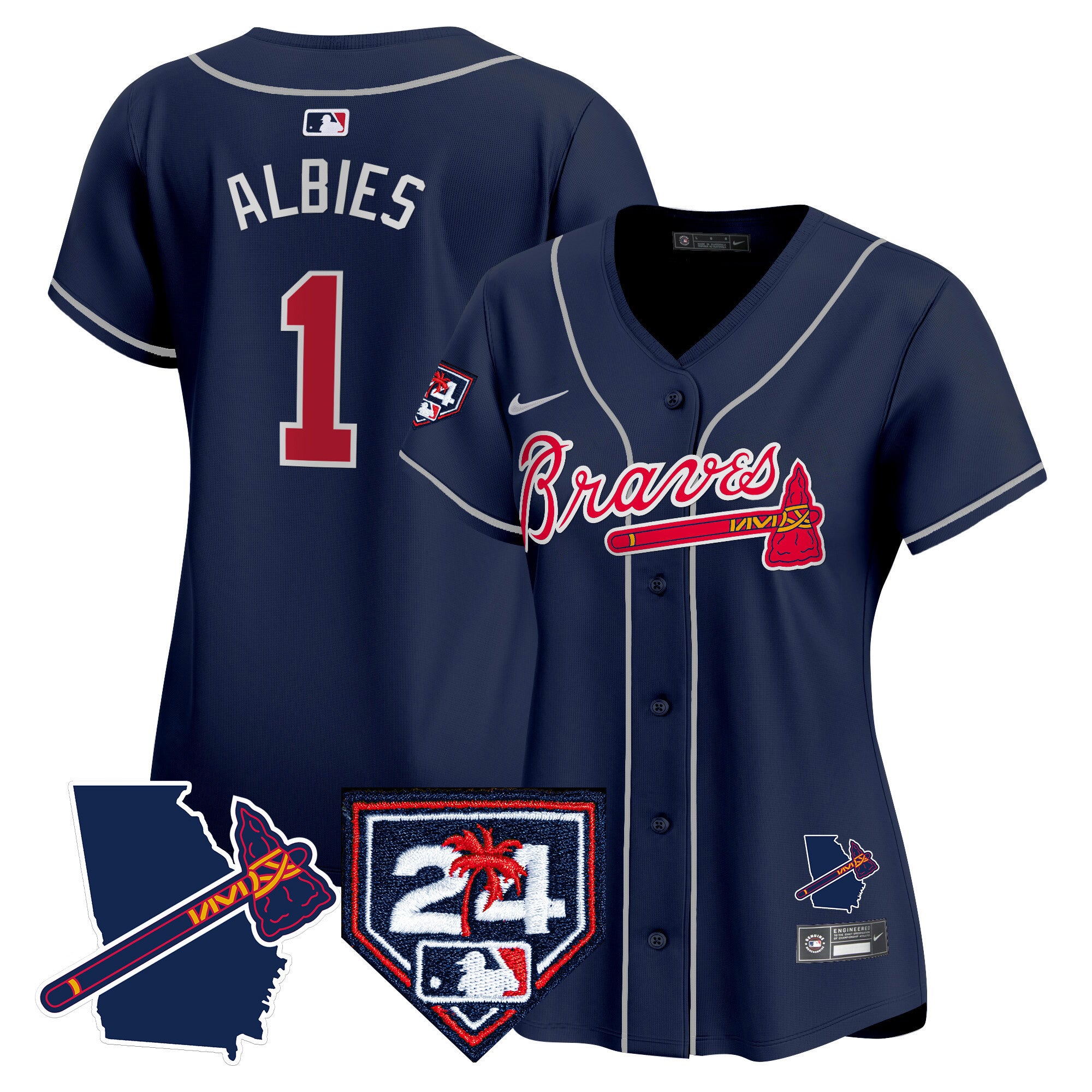 Women's Atlanta Braves 2024 Spring Training & Georgia Patch Vapor Premier Limited Jersey - All Stitched - Navy, Ozzie Albies