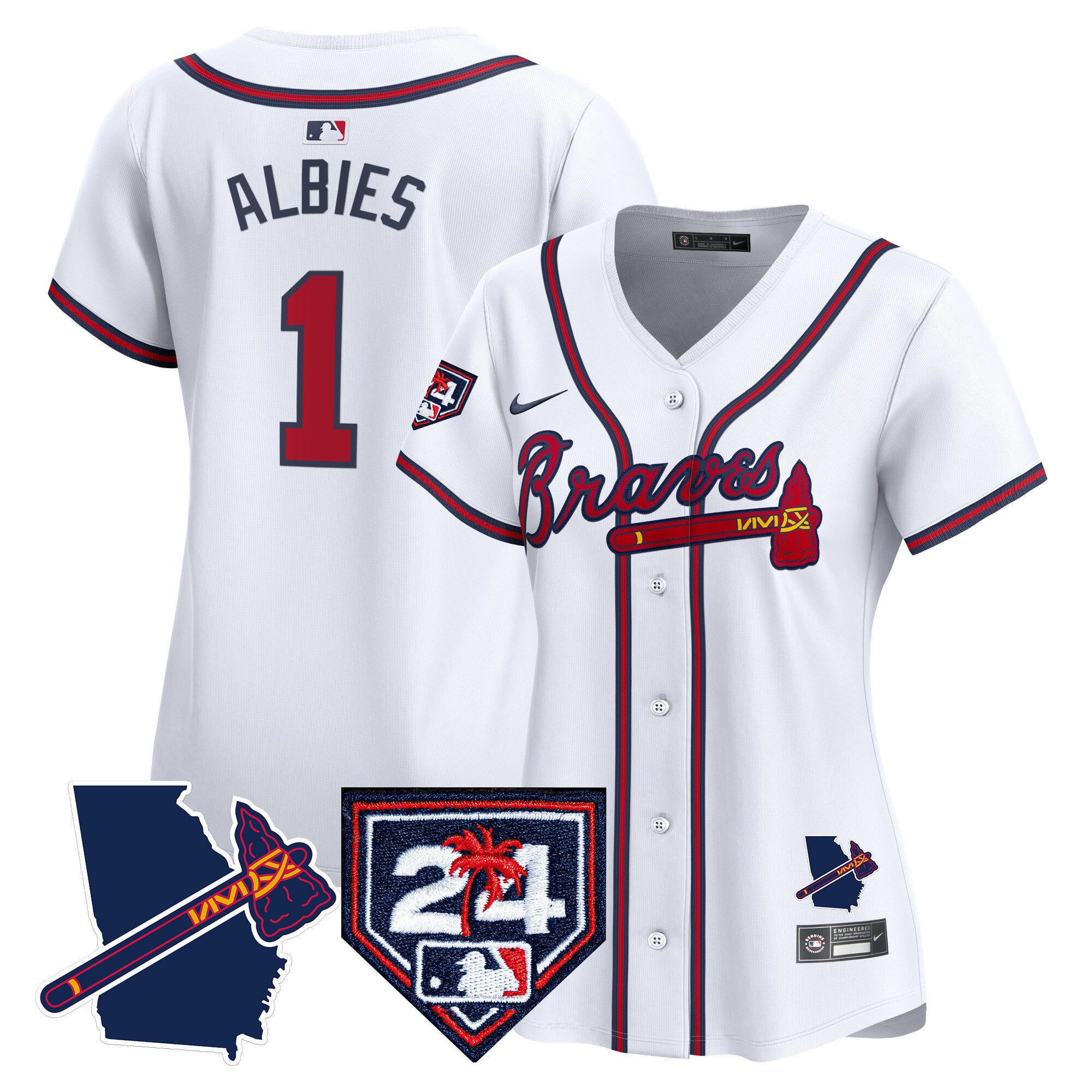Women's Atlanta Braves 2024 Spring Training & Georgia Patch Vapor Premier Limited Jersey - All Stitched - White, Ozzie Albies