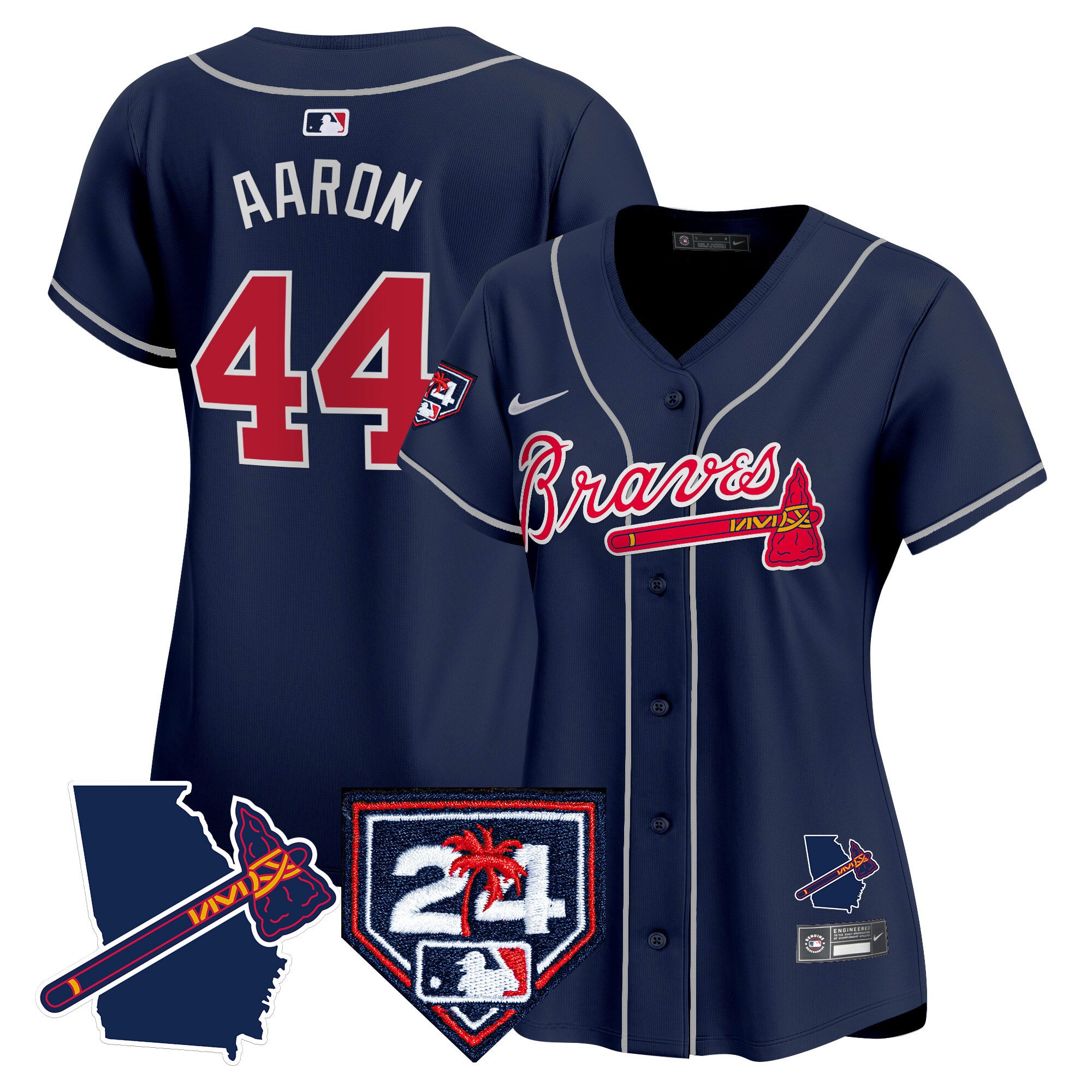 Women's Atlanta Braves 2024 Spring Training & Georgia Patch Vapor Premier Limited Jersey - All Stitched - Navy, Hank Aaron