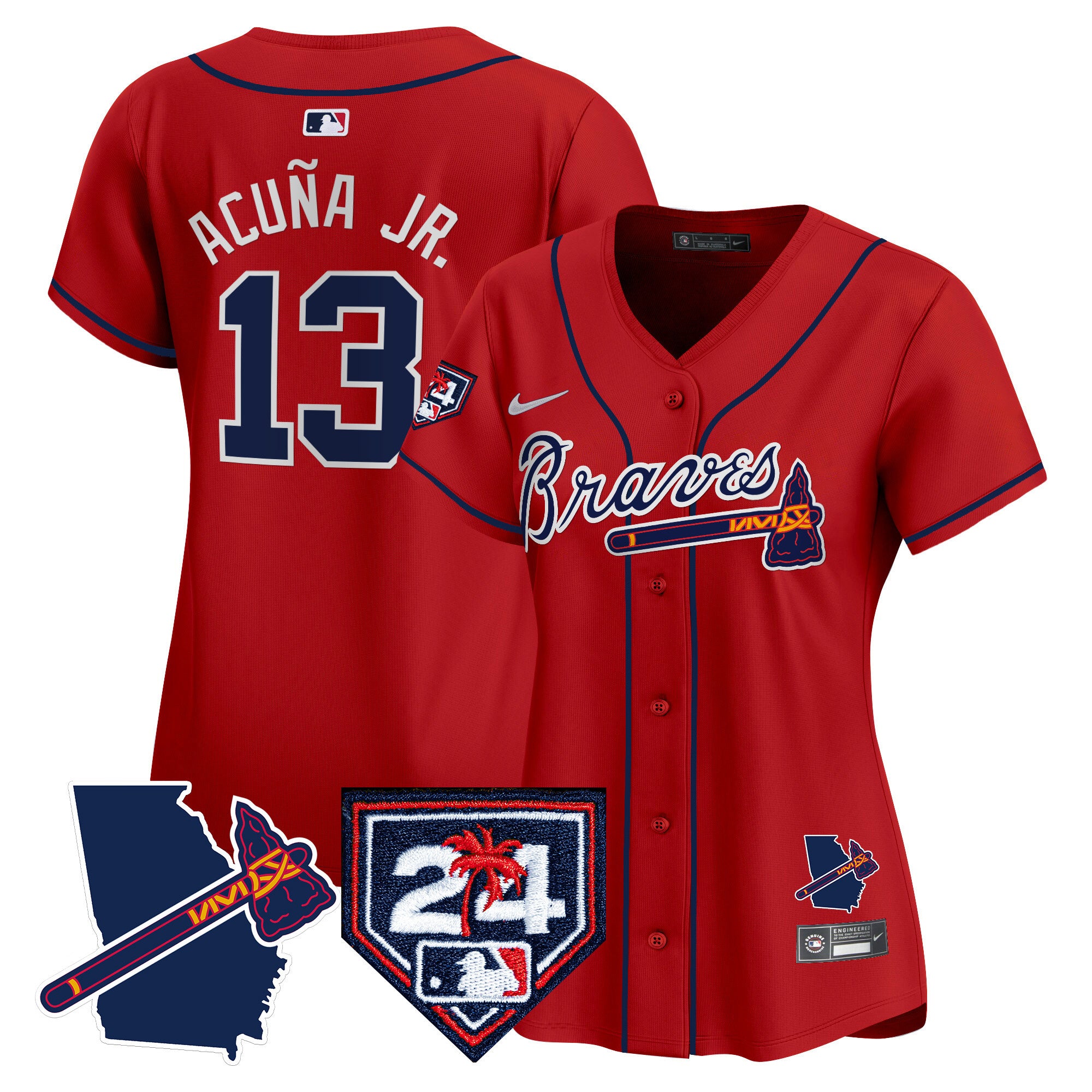 Women's Atlanta Braves 2024 Spring Training & Georgia Patch Vapor Premier Limited Jersey - All Stitched - Red, Ronald Acuna Jr.