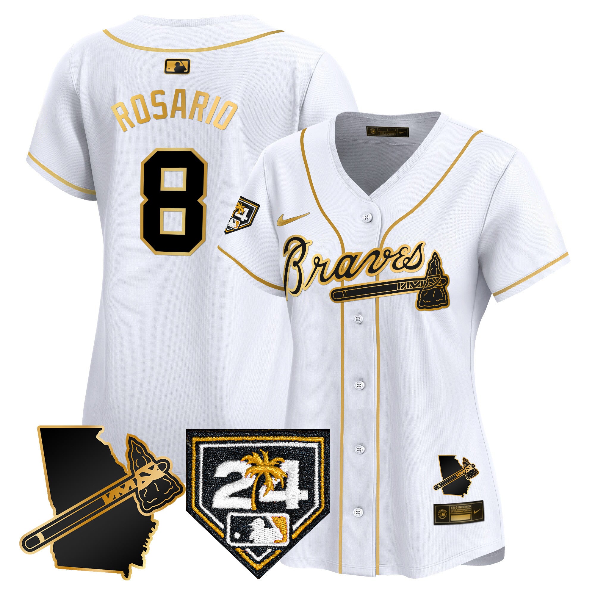Women's Atlanta Braves 2024 Spring Training & Georgia Patch Vapor Premier Limited Jersey - All Stitched - White Gold, Eddie Rosario