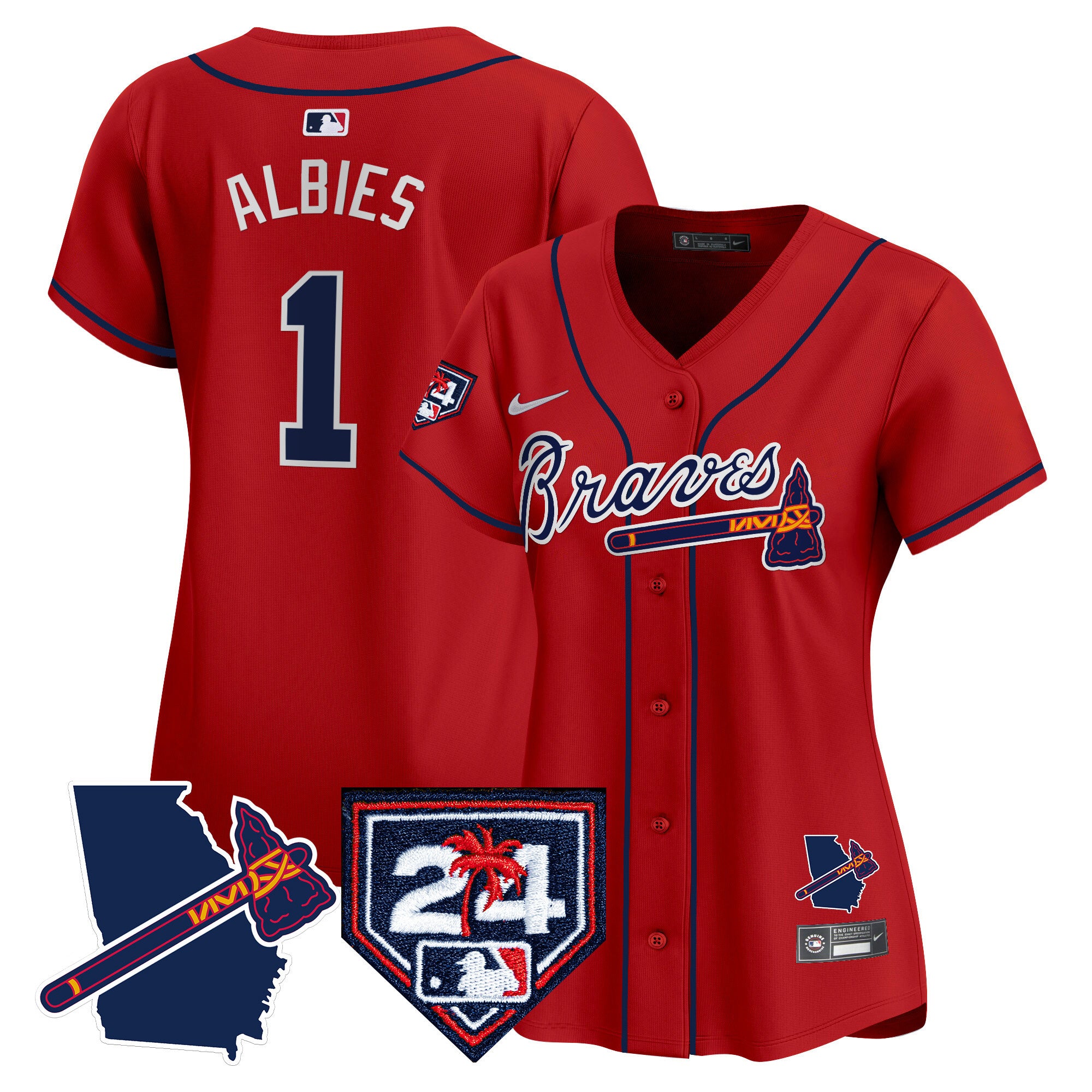 Women's Atlanta Braves 2024 Spring Training & Georgia Patch Vapor Premier Limited Jersey - All Stitched - Red, Ozzie Albies