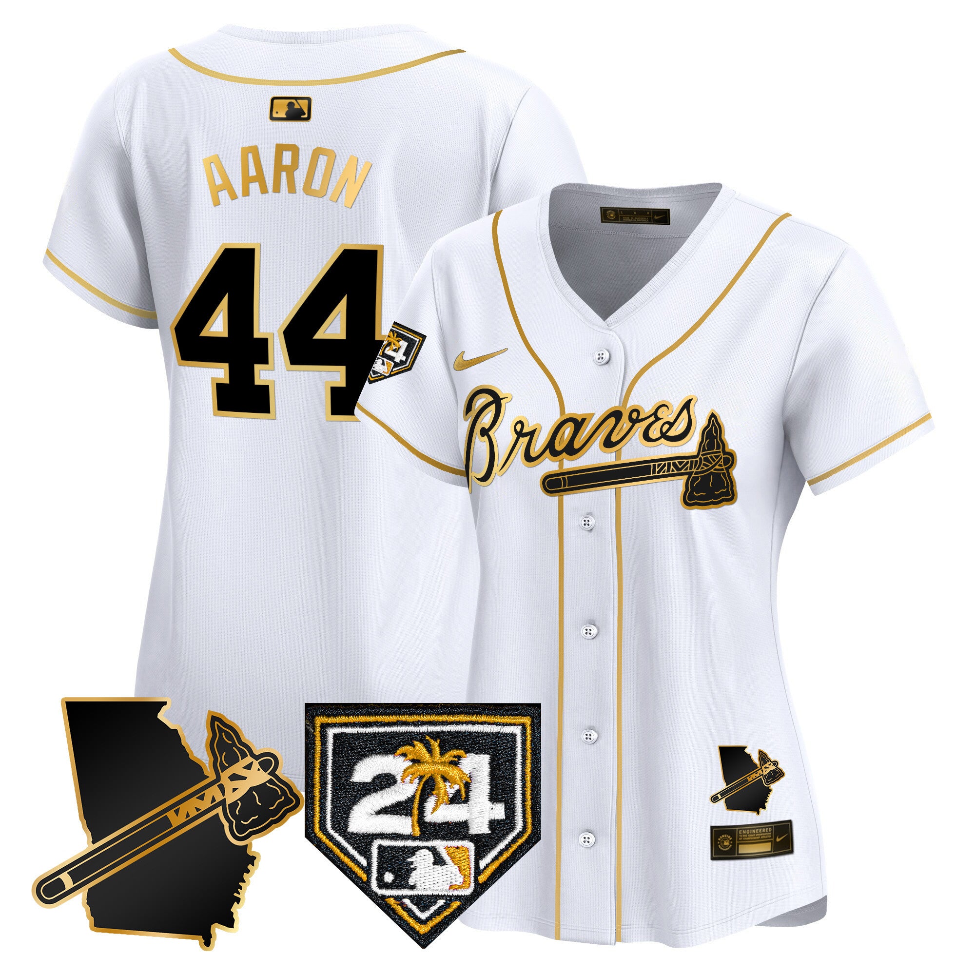 Women's Atlanta Braves 2024 Spring Training & Georgia Patch Vapor Premier Limited Jersey - All Stitched - White Gold, Hank Aaron