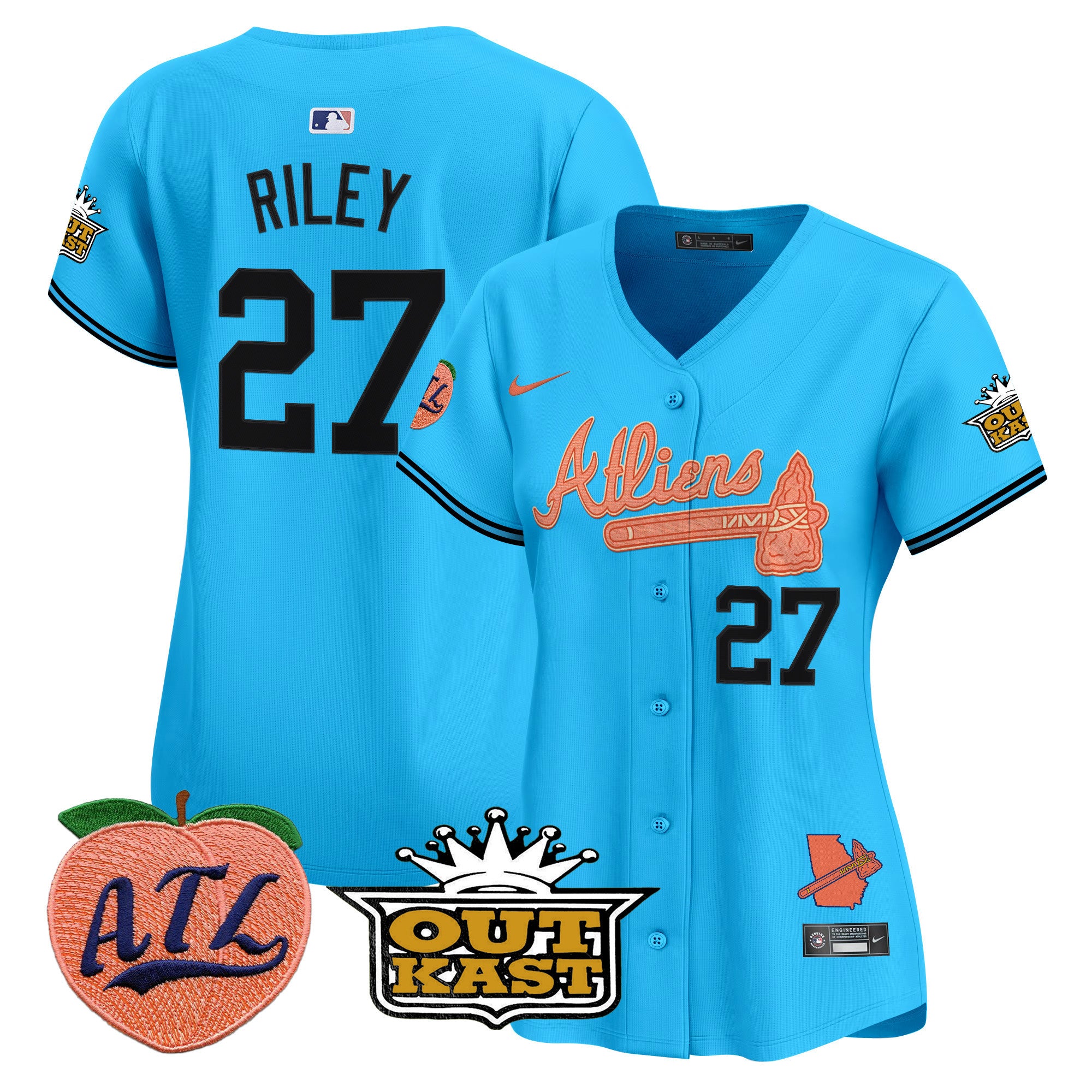 Women's Atlanta Braves Atliens & Peach Vapor Premier Limited Jersey - All Stitched - Light Blue, Austin Riley