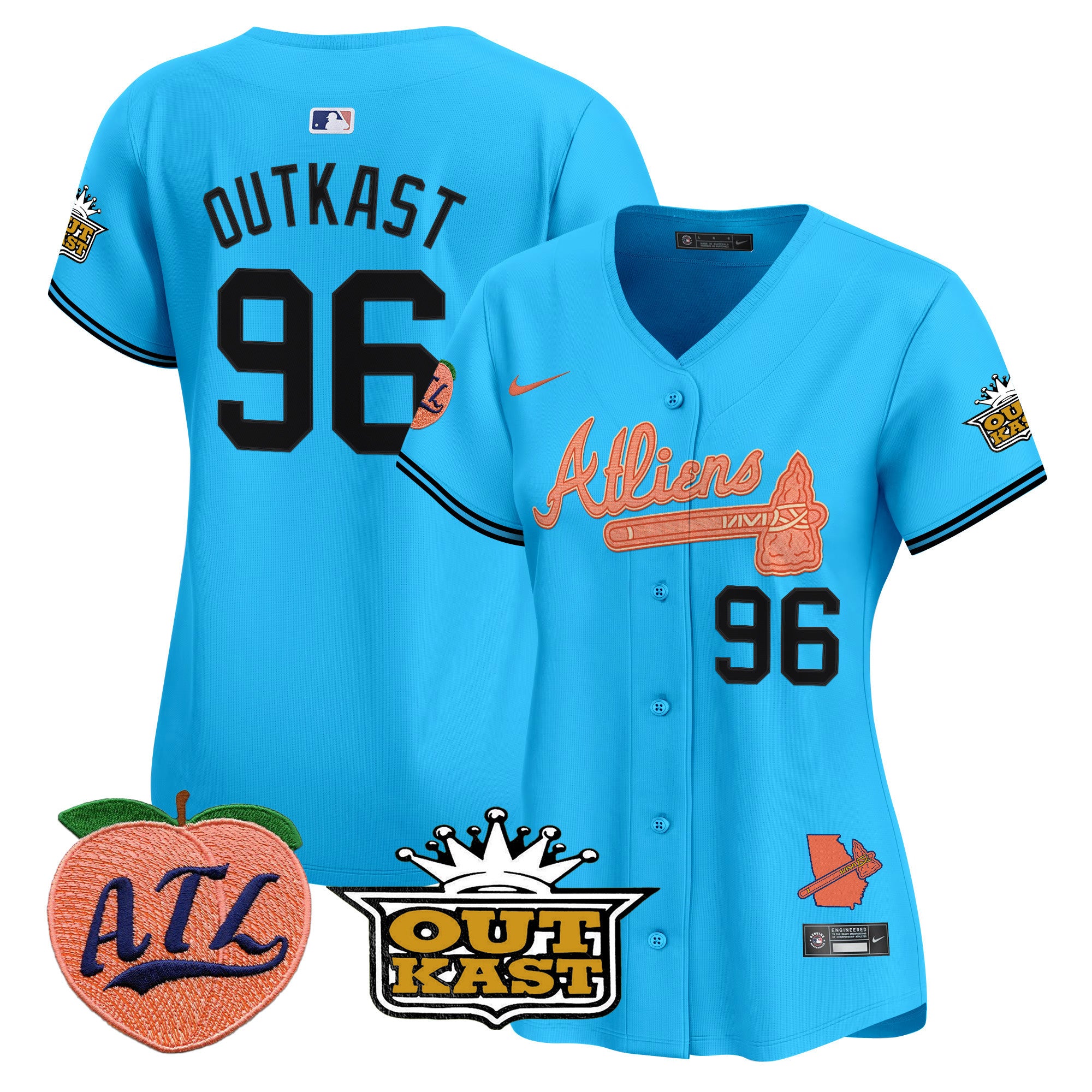 Women's Atlanta Braves Atliens & Peach Vapor Premier Limited Jersey - All Stitched - Light Blue, Outkast