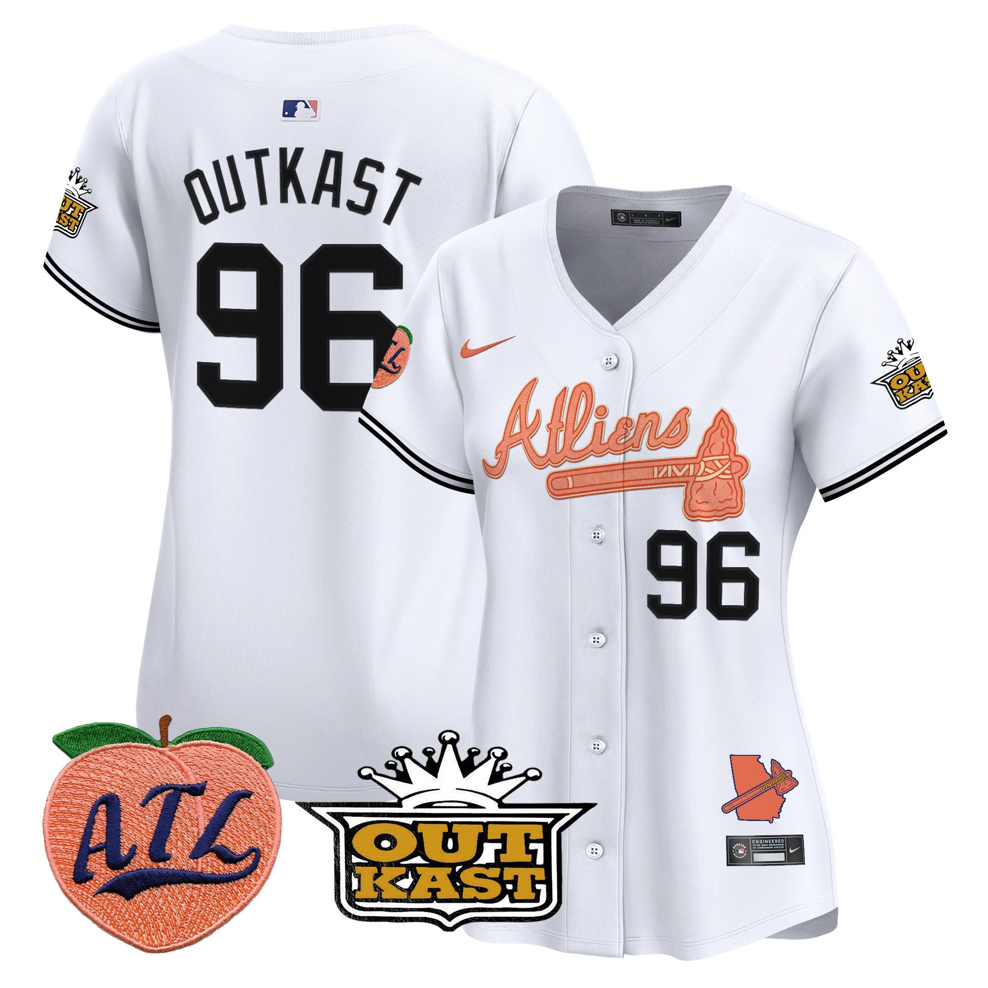 Women's Atlanta Braves Atliens & Peach Vapor Premier Limited Jersey - All Stitched - White, Outkast
