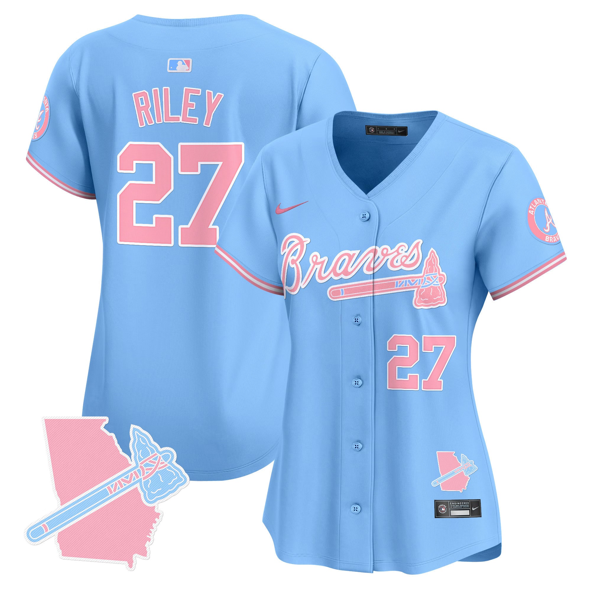 Women's Atlanta Braves Bubblegum Pink Vapor Premier Limited Jersey - All Stitched - Light Blue, Austin Riley
