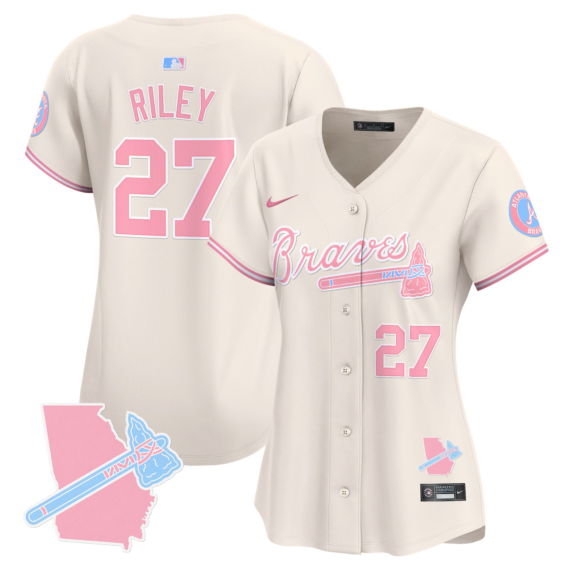Women's Atlanta Braves Bubblegum Pink Vapor Premier Limited Jersey - All Stitched - Cream, Austin Riley