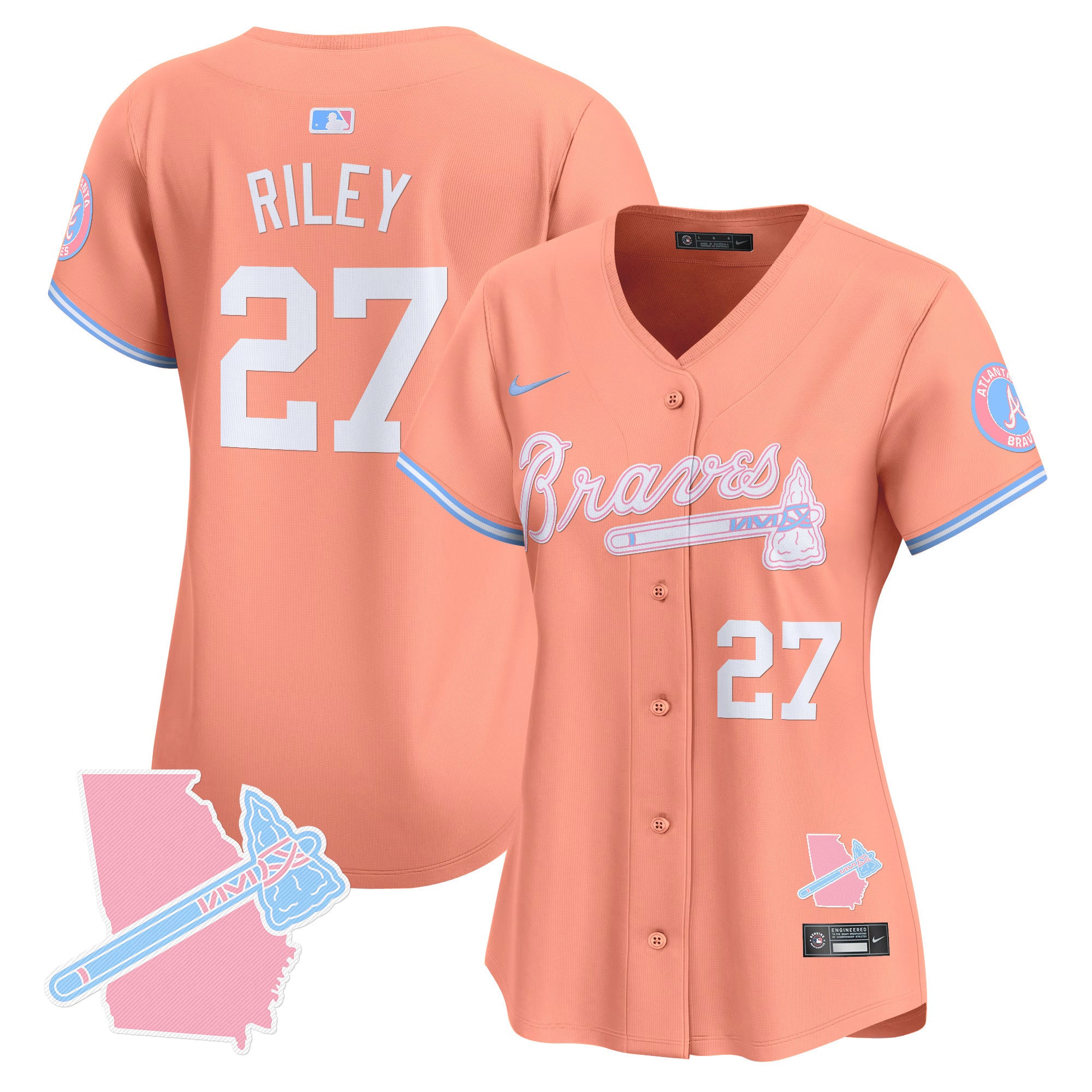 Women's Atlanta Braves Bubblegum Pink Vapor Premier Limited Jersey - All Stitched - Peach, Austin Riley