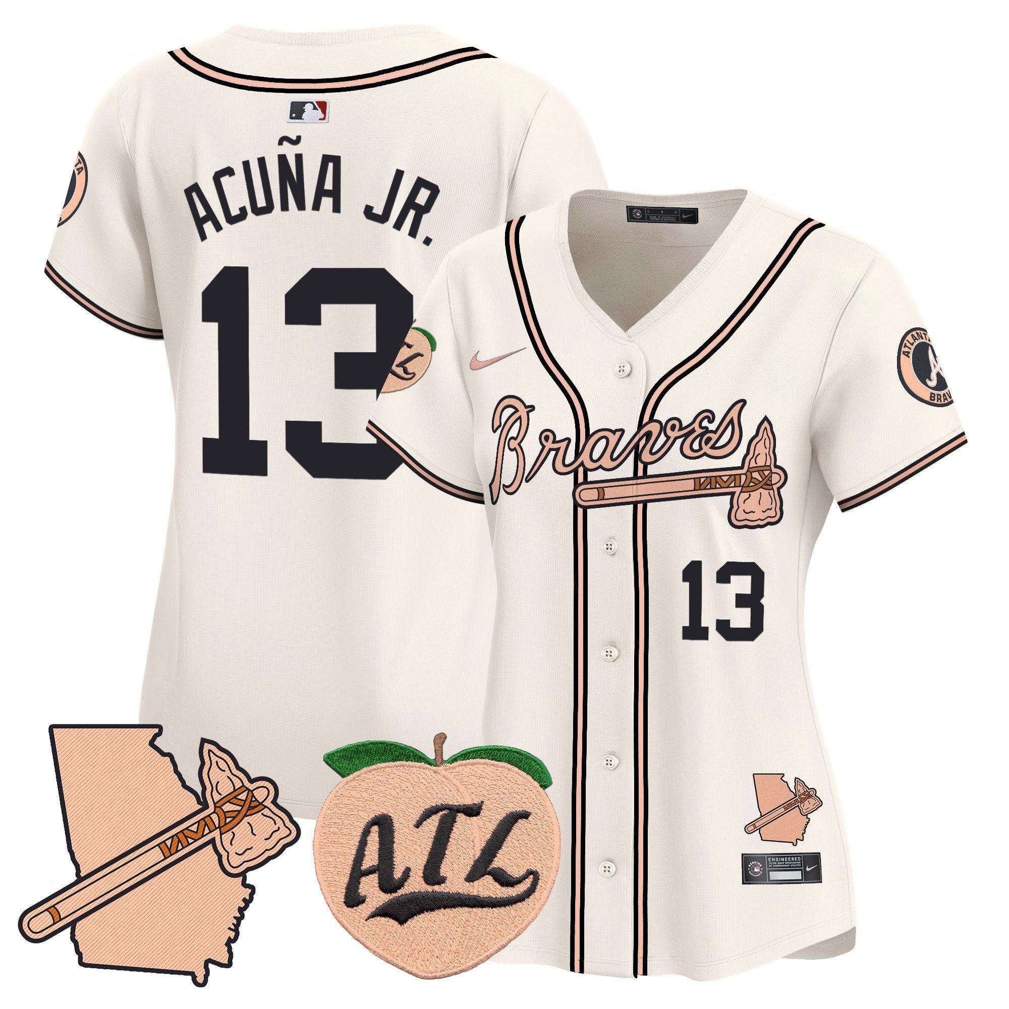 Women's Atlanta Braves Peach Vapor Premier Limited Jersey - All Stitched - Cream, Ronald Acuna Jr.