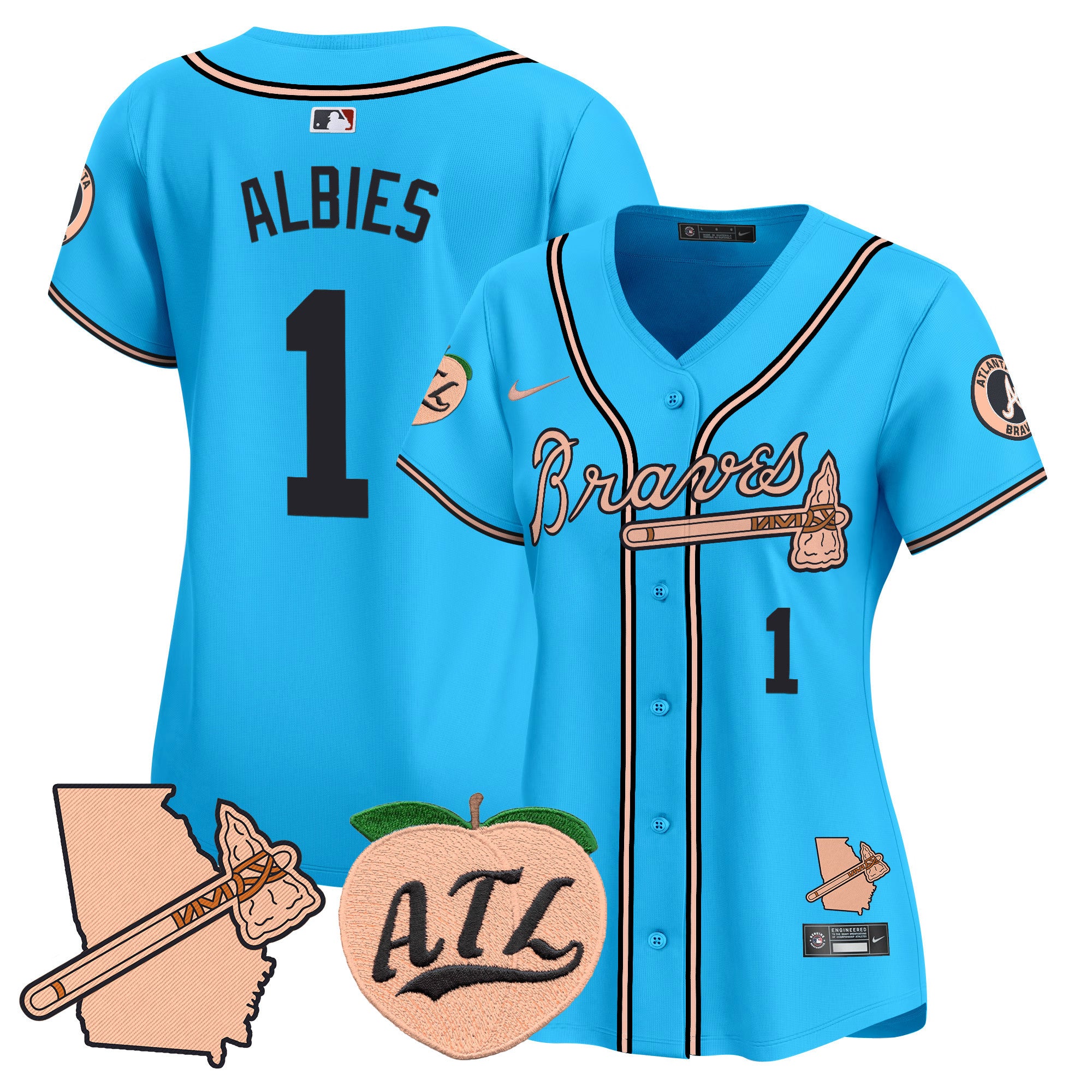 Women's Atlanta Braves Peach Vapor Premier Limited Jersey - All Stitched - Light Blue, Ozzie Albies