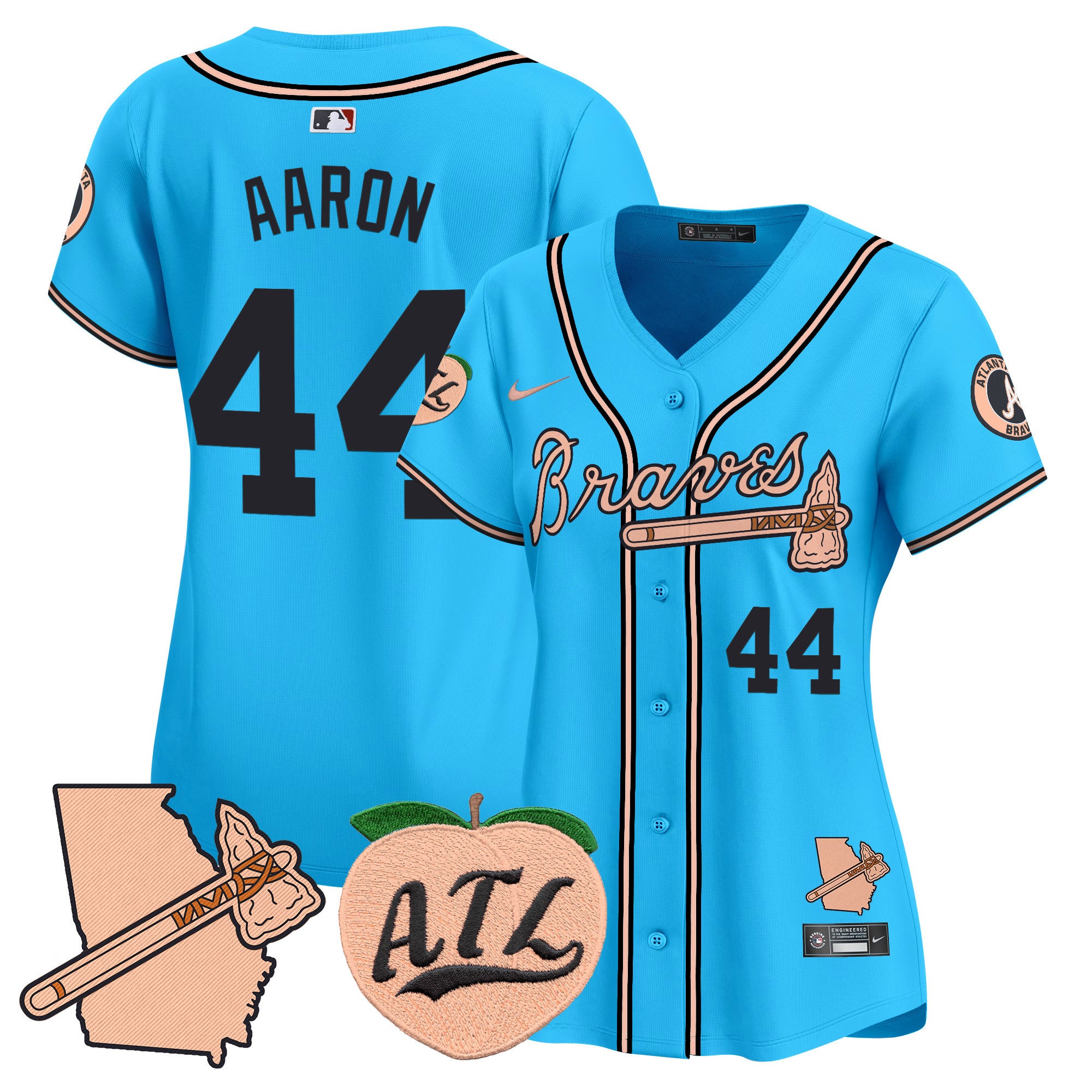 Women's Atlanta Braves Peach Vapor Premier Limited Jersey - All Stitched - Light Blue, Hank Aaron