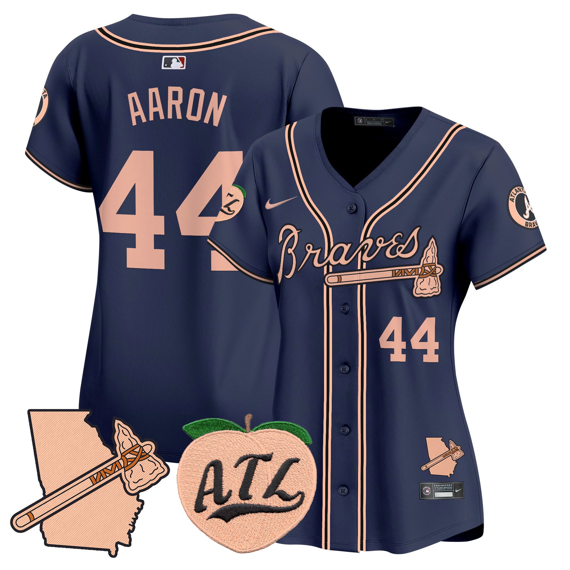 Women's Atlanta Braves Peach Vapor Premier Limited Jersey - All Stitched - Navy, Hank Aaron