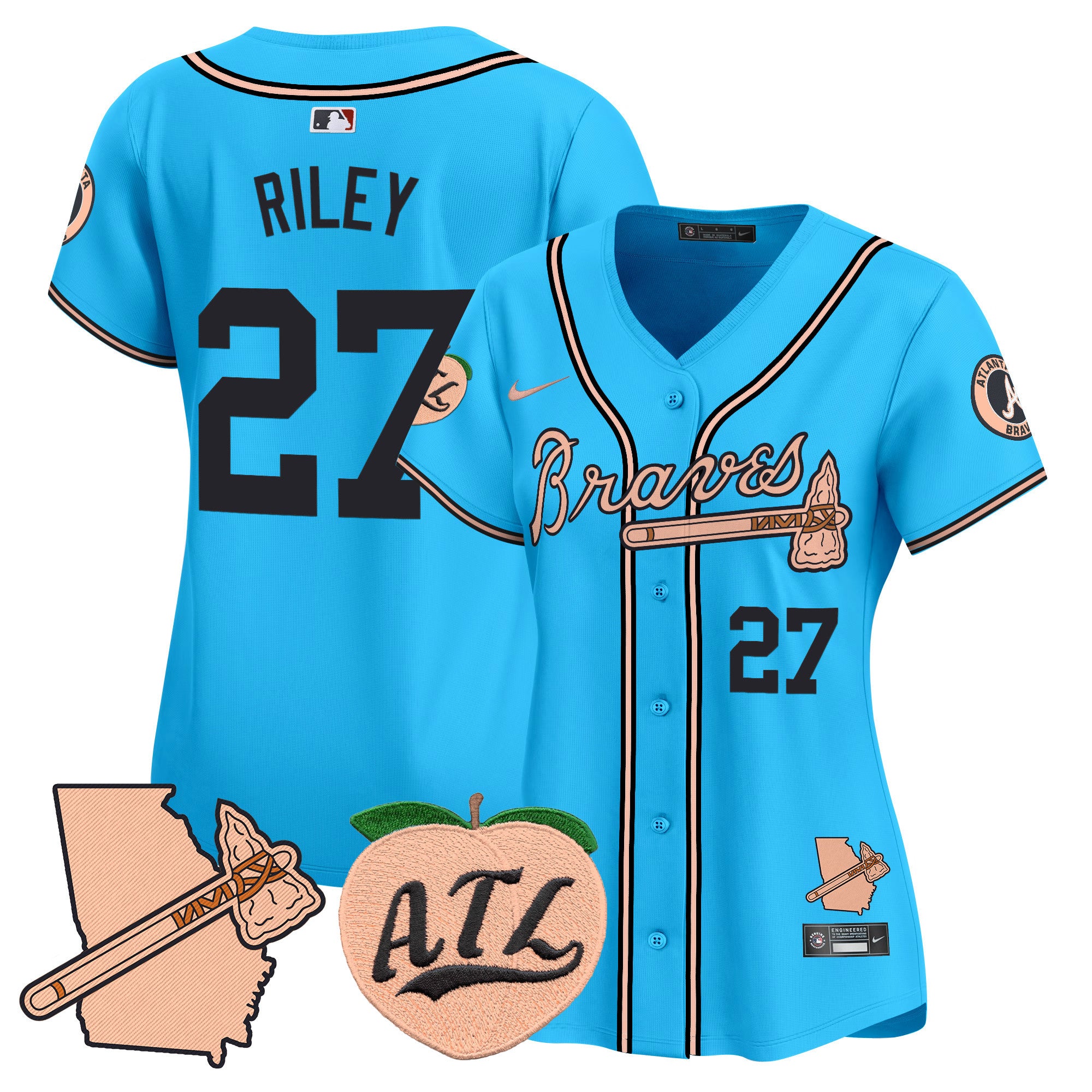 Women's Atlanta Braves Peach Vapor Premier Limited Jersey - All Stitched - Light Blue, Austin Riley