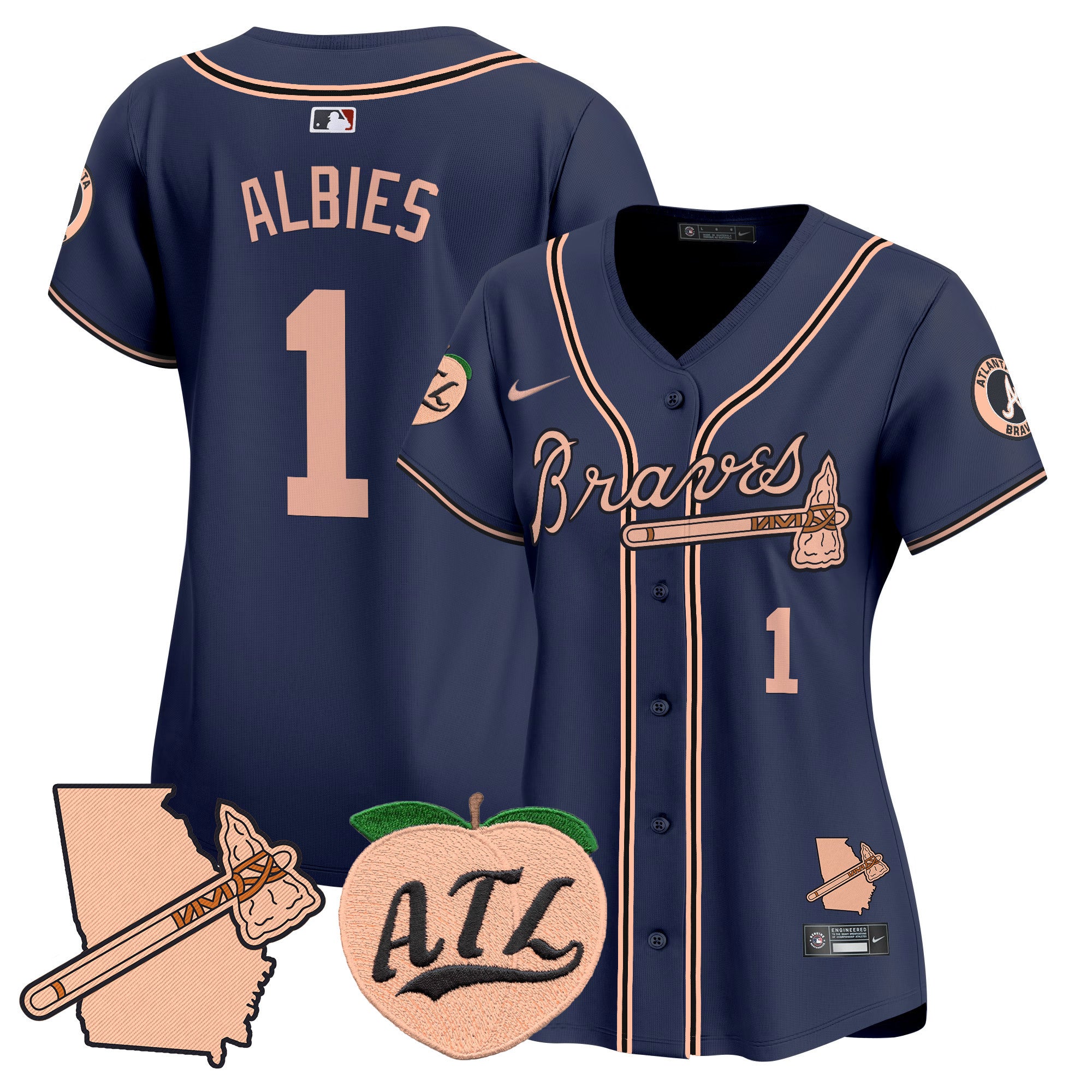 Women's Atlanta Braves Peach Vapor Premier Limited Jersey - All Stitched - Navy, Ozzie Albies