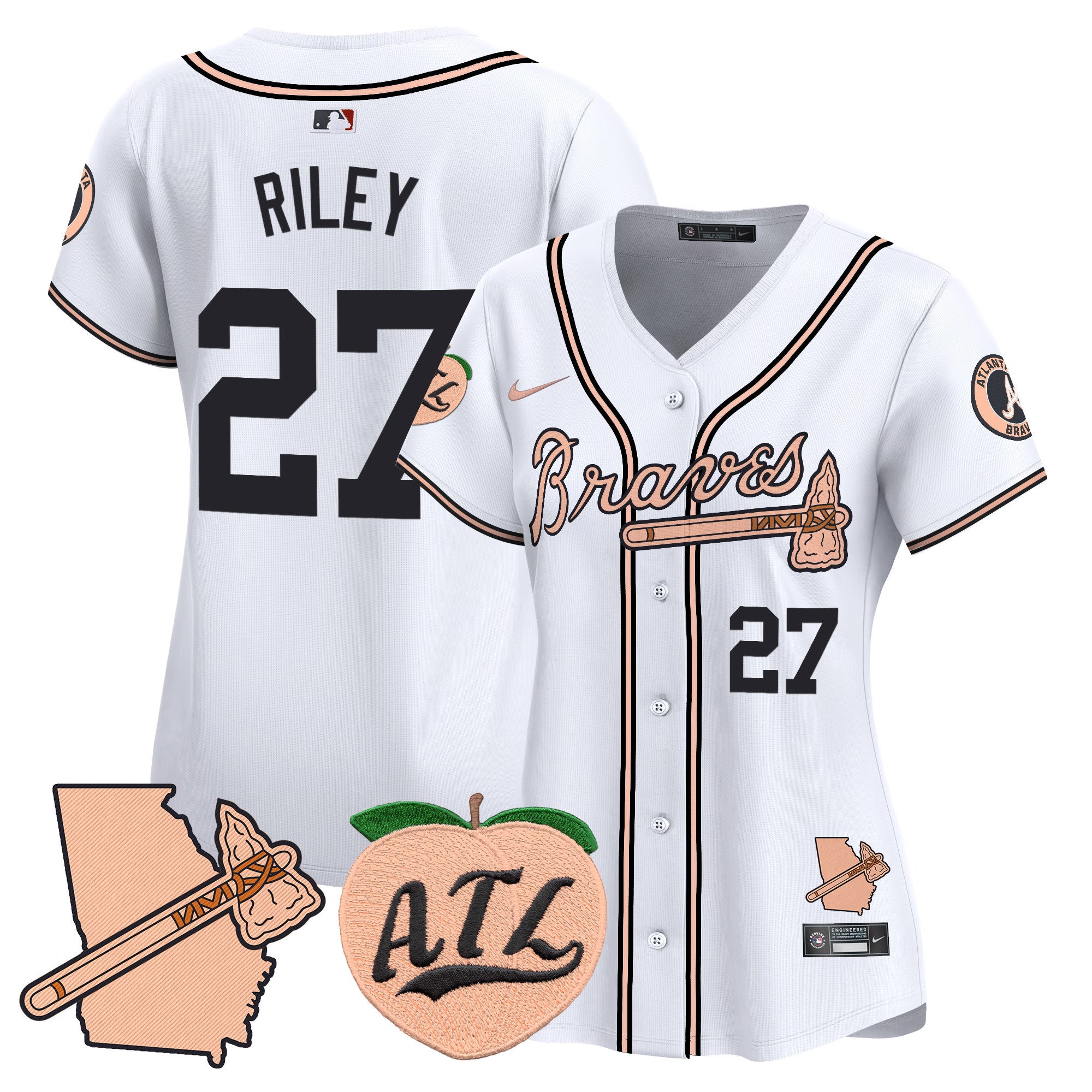 Women's Atlanta Braves Peach Vapor Premier Limited Jersey - All Stitched - White, Austin Riley
