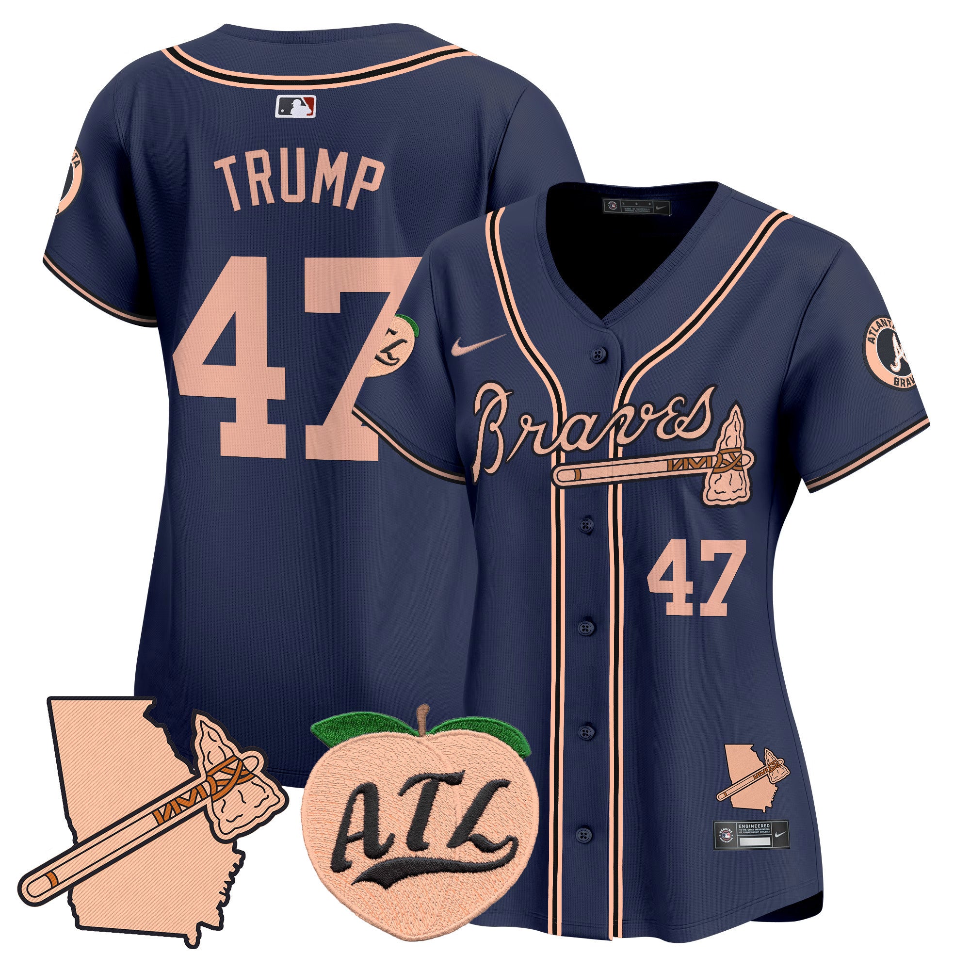 Women's Atlanta Braves Peach Vapor Premier Limited Jersey - All Stitched - Navy, Donald Trump